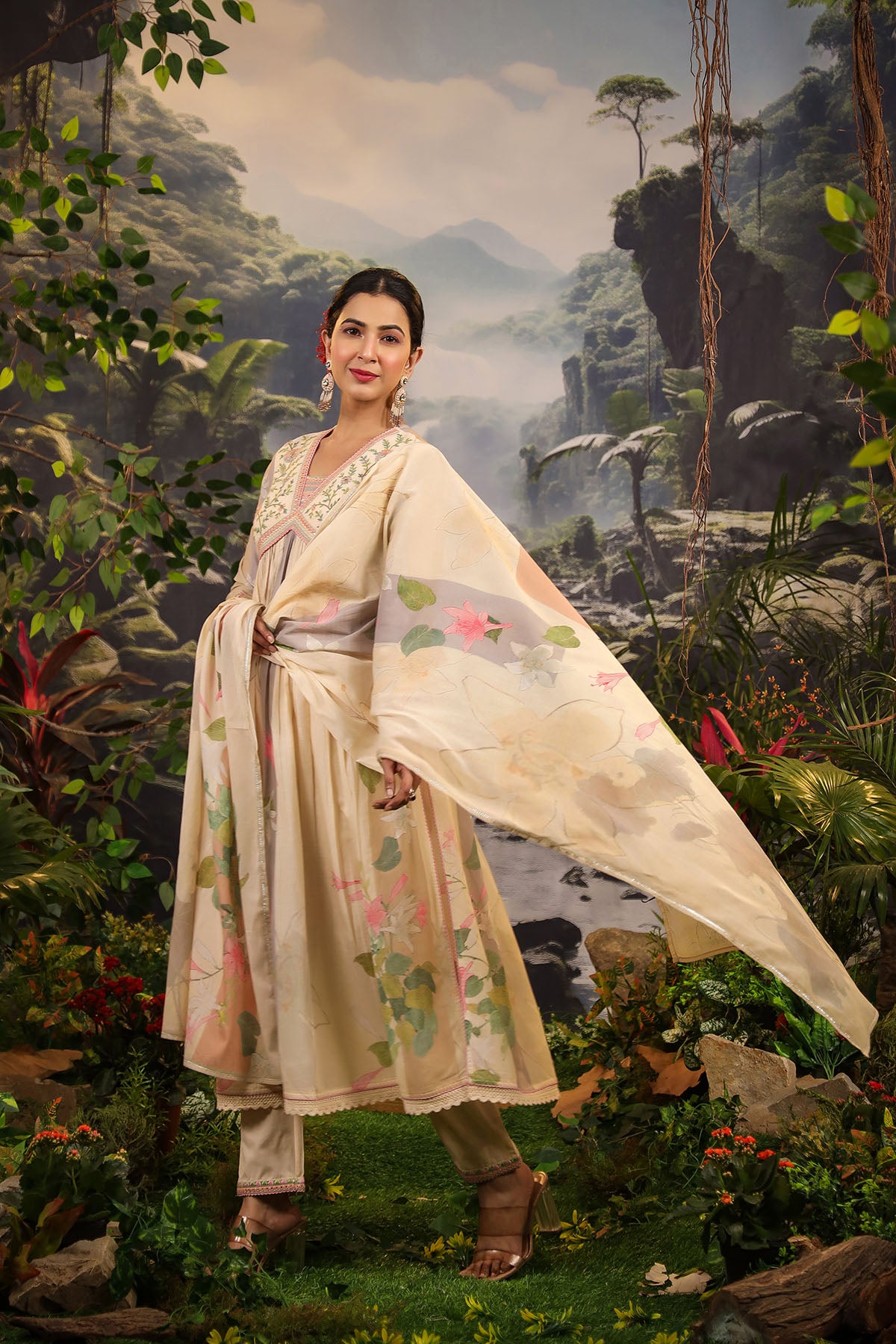 Beige Floral Cotton Embroidered Anarkali Suit