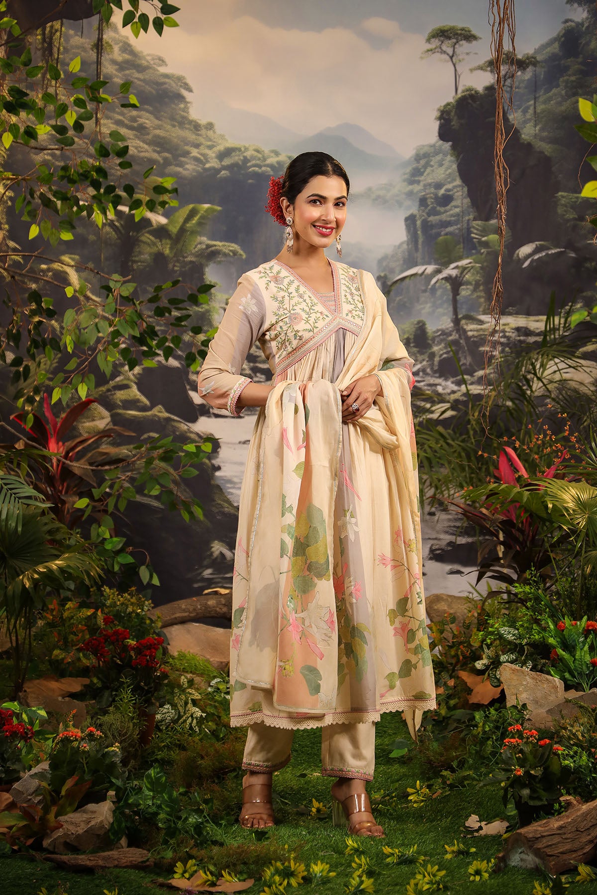 Beige Floral Cotton Embroidered Anarkali Suit