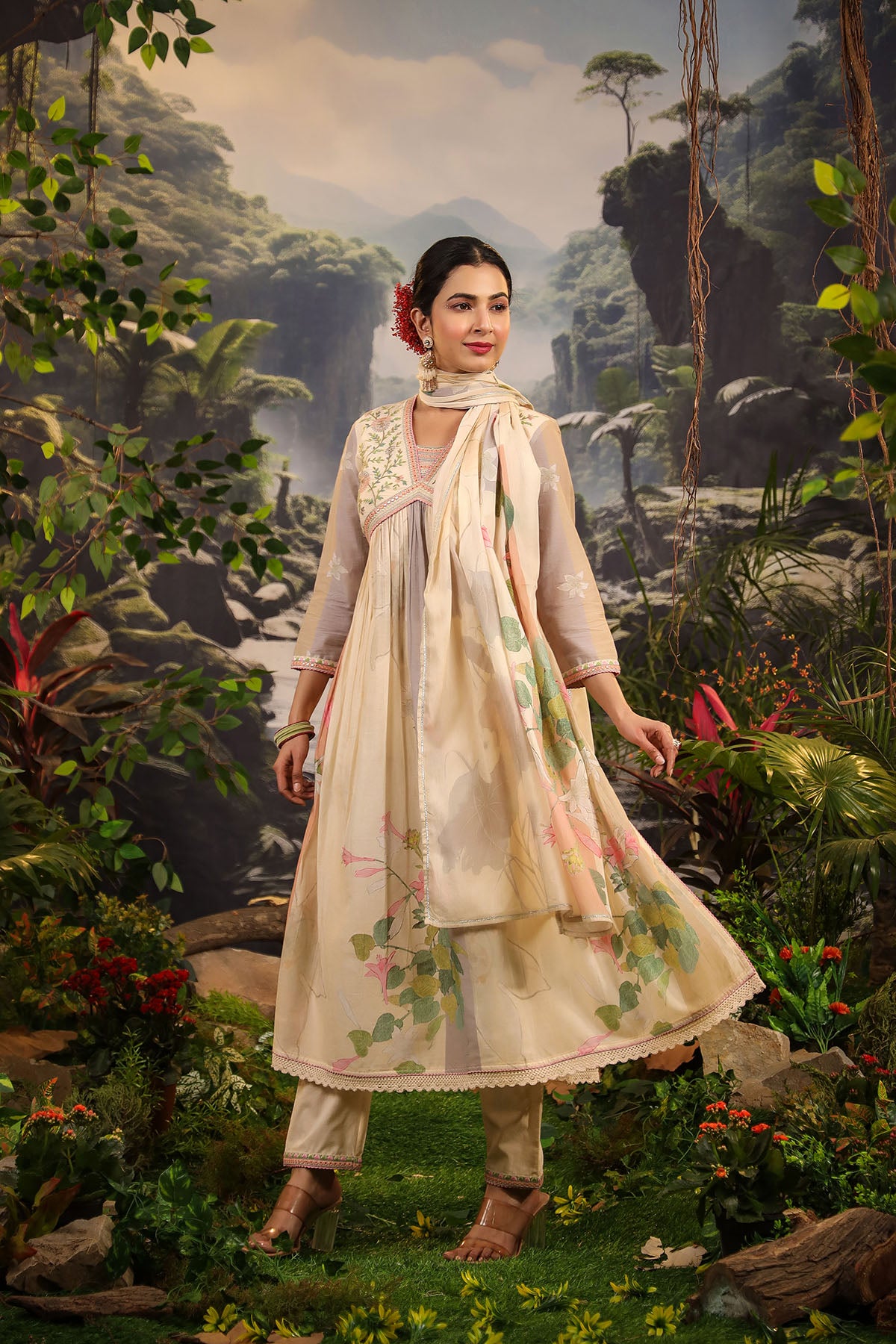 Beige Floral Cotton Embroidered Anarkali Suit