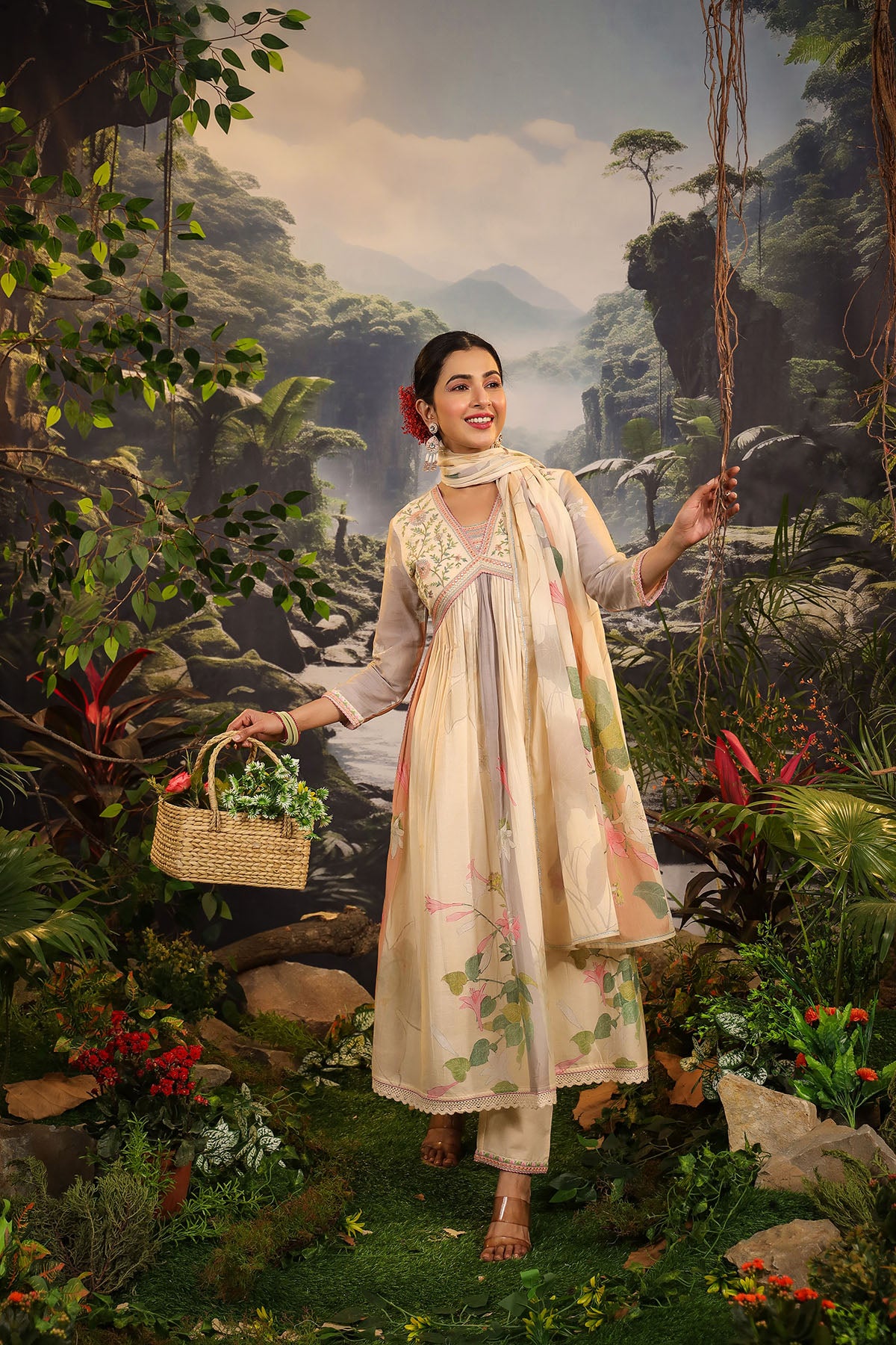 Beige Floral Cotton Embroidered Anarkali Suit