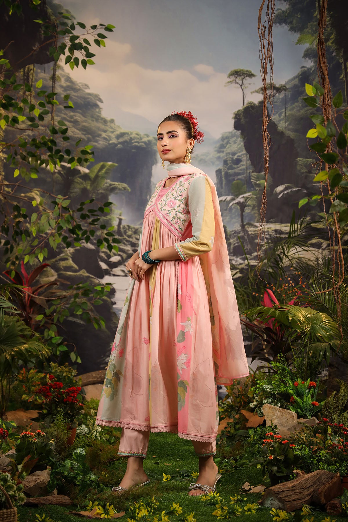 Pink Floral Cotton Embroidered Anarkali Suit