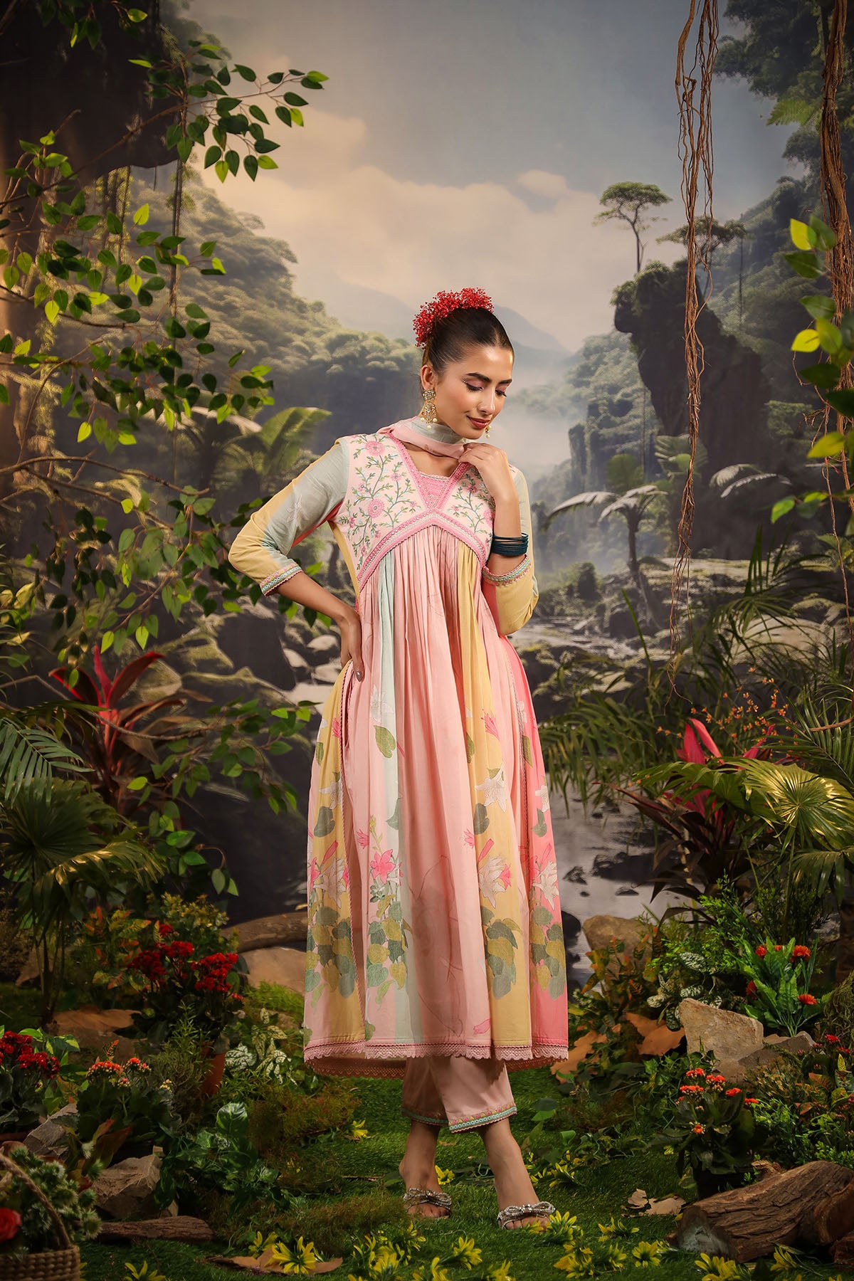 Pink Floral Cotton Embroidered Anarkali Suit