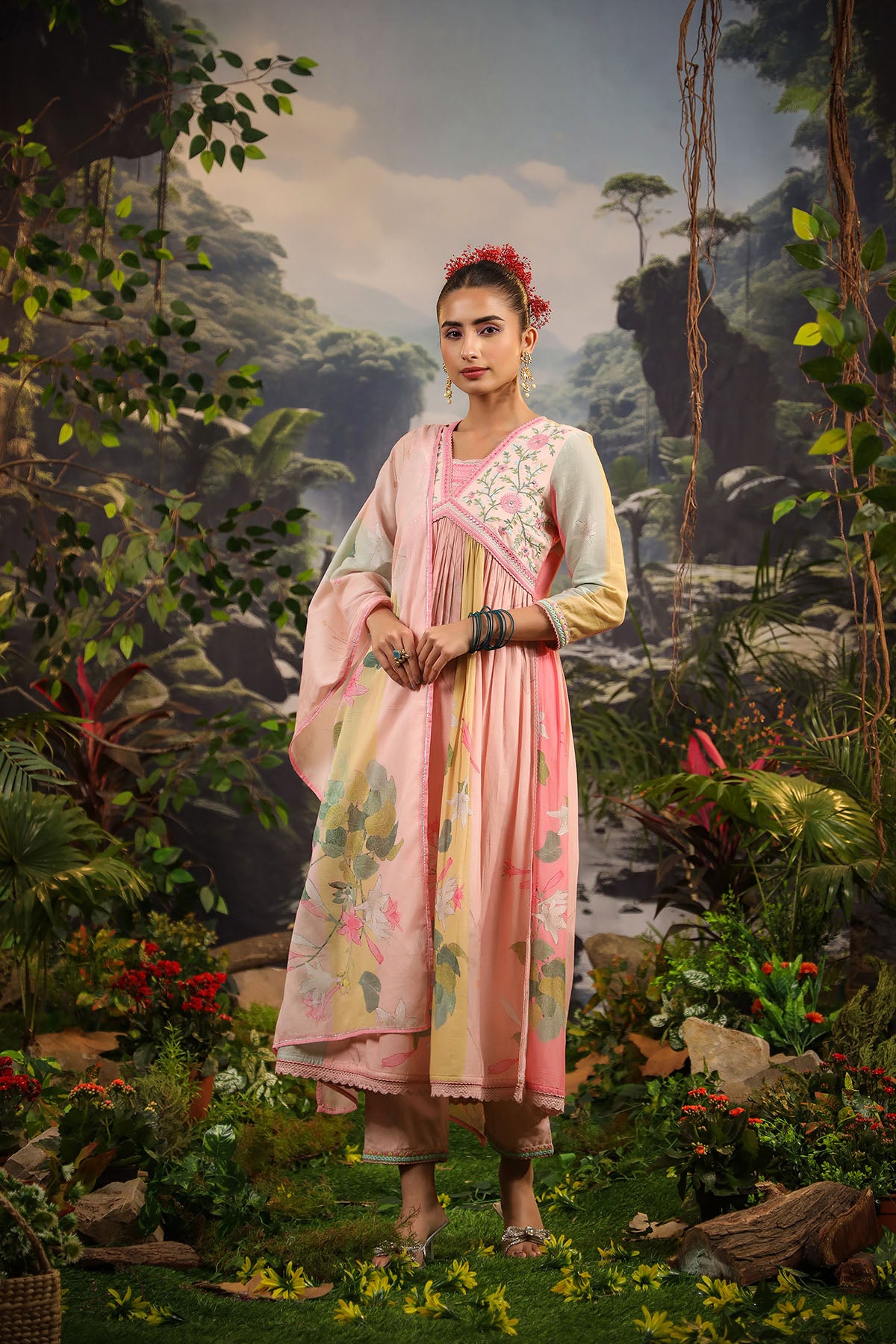 Pink Floral Cotton Embroidered Anarkali Suit