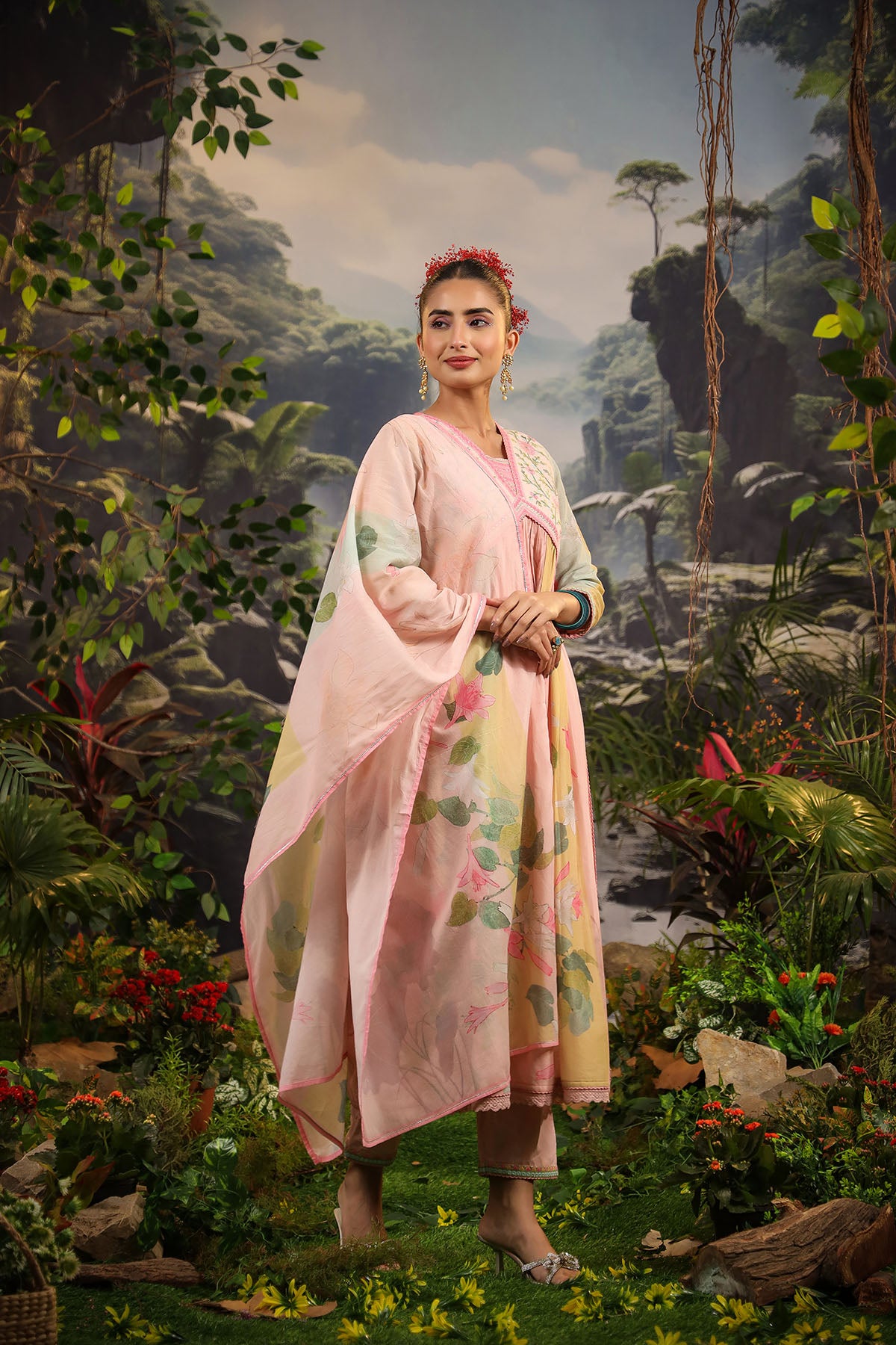 Pink Floral Cotton Embroidered Anarkali Suit