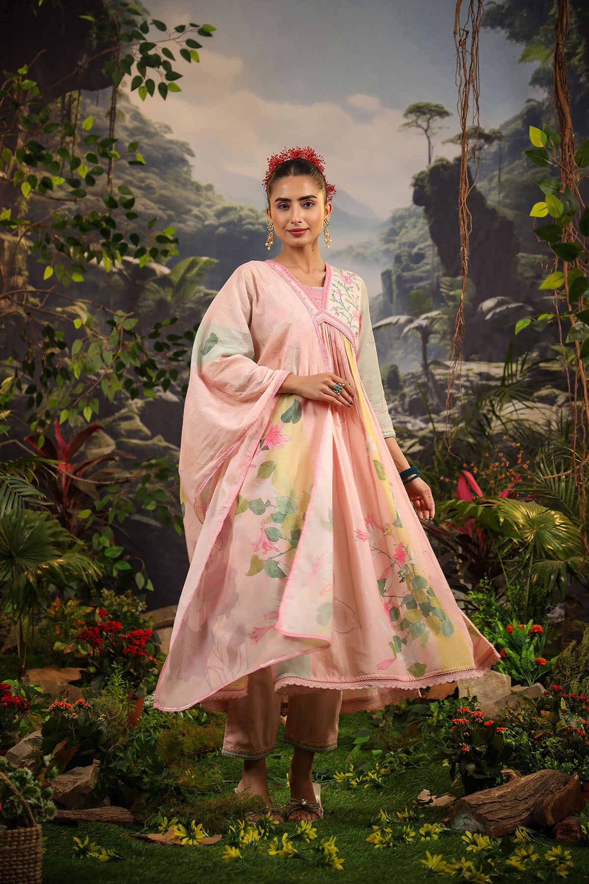 Pink Floral Cotton Embroidered Anarkali Suit