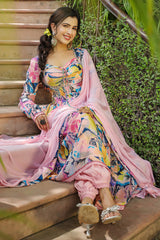 Soft Pink Chinon Printed Mirror Embellished Anarkali Set