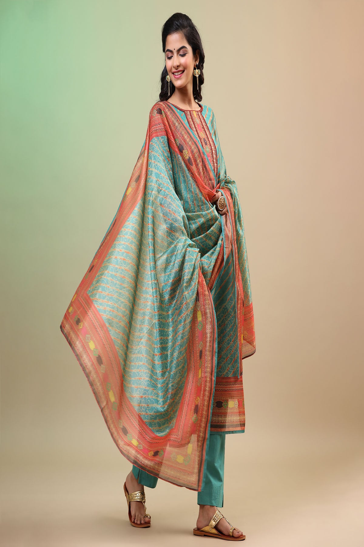 Green Chanderi Printed Straight-Cut Suit