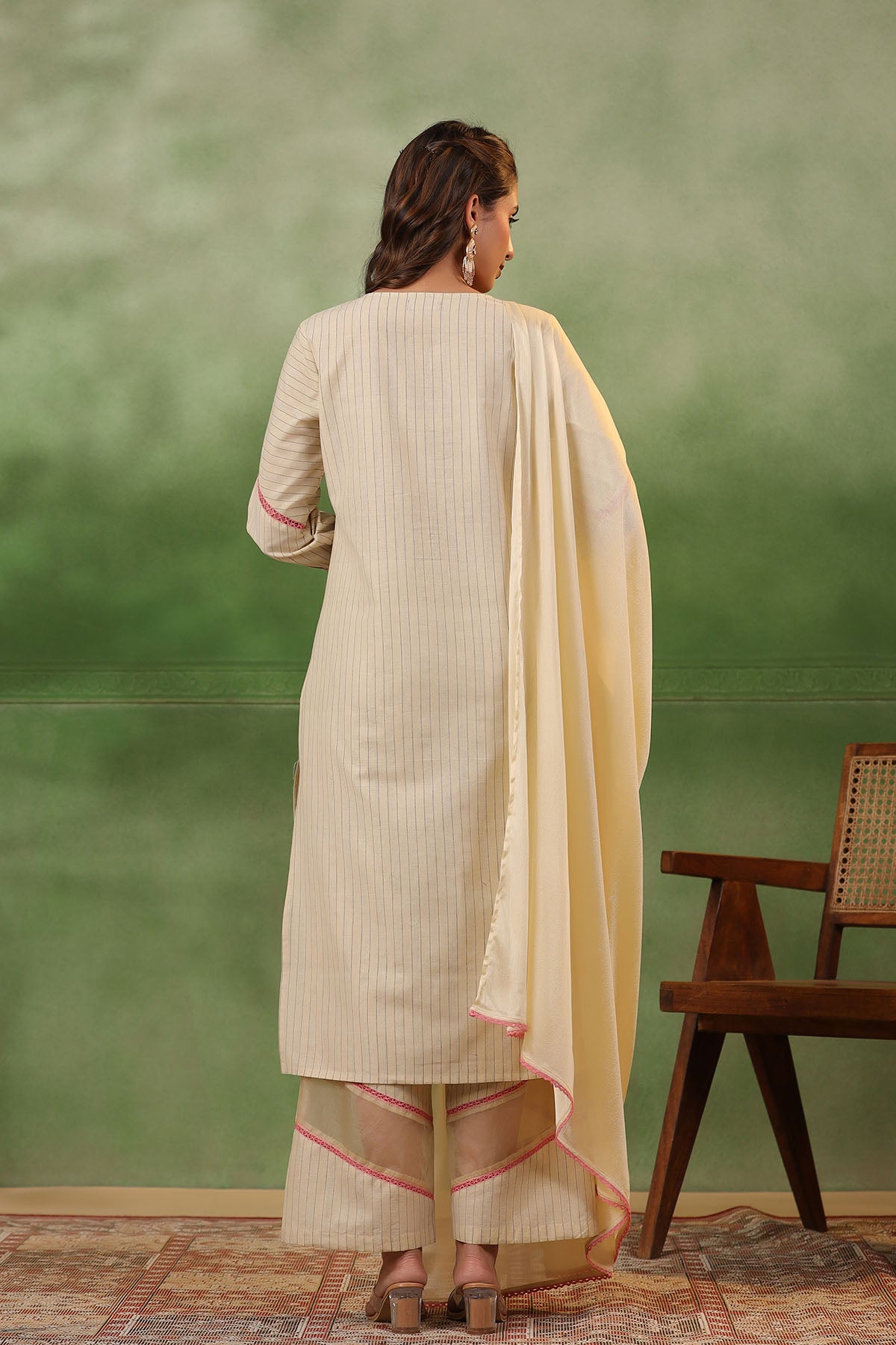 Beige Cotton Embroidered Striaght Suit