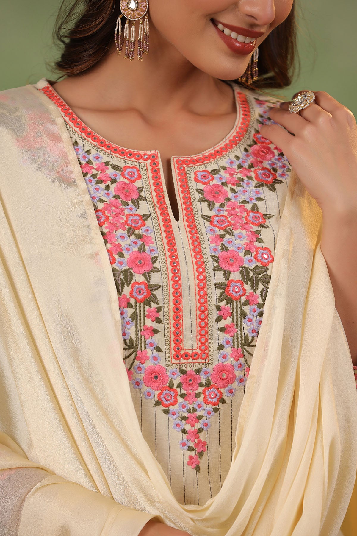 Beige Cotton Embroidered Striaght Suit