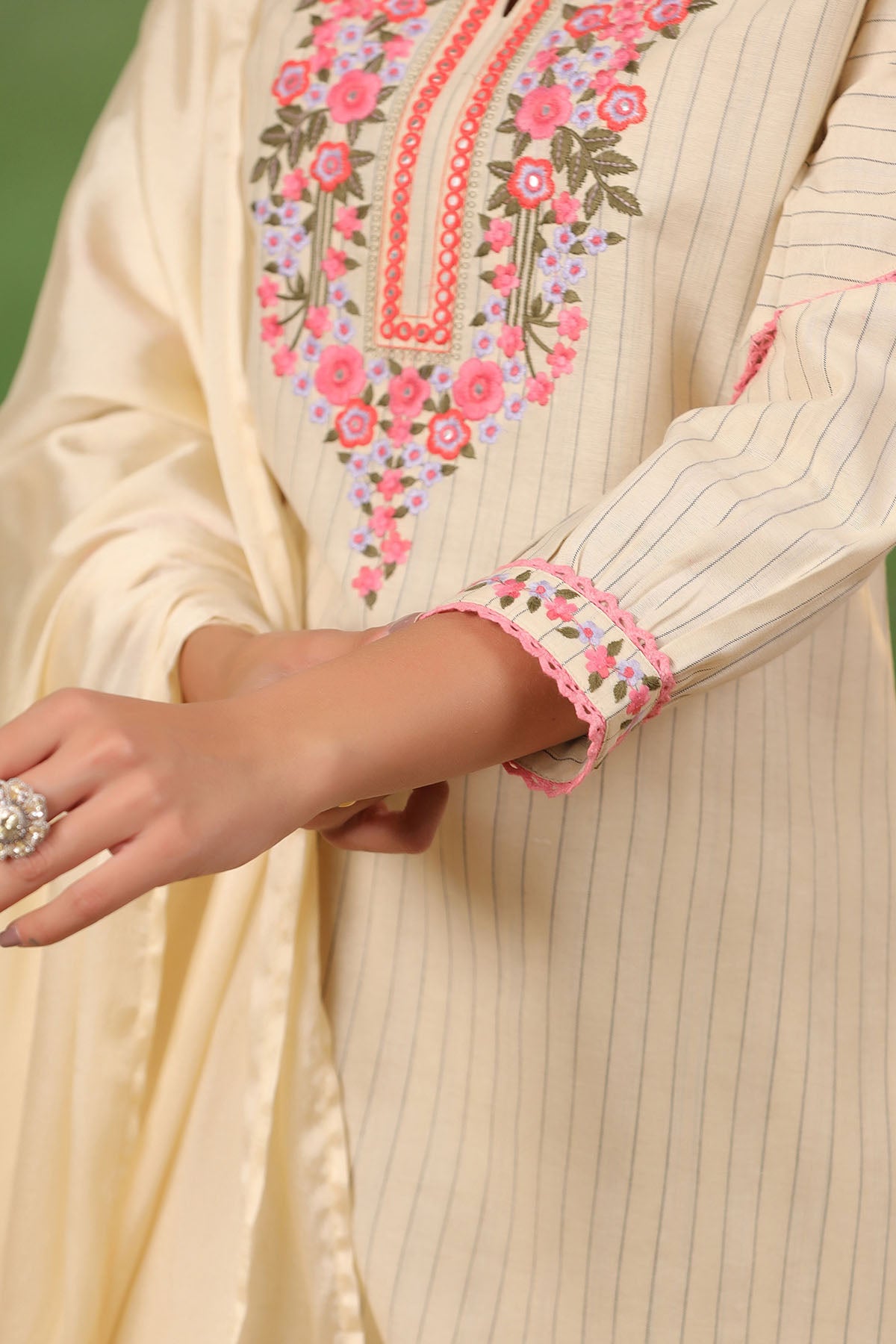 Beige Cotton Embroidered Striaght Suit