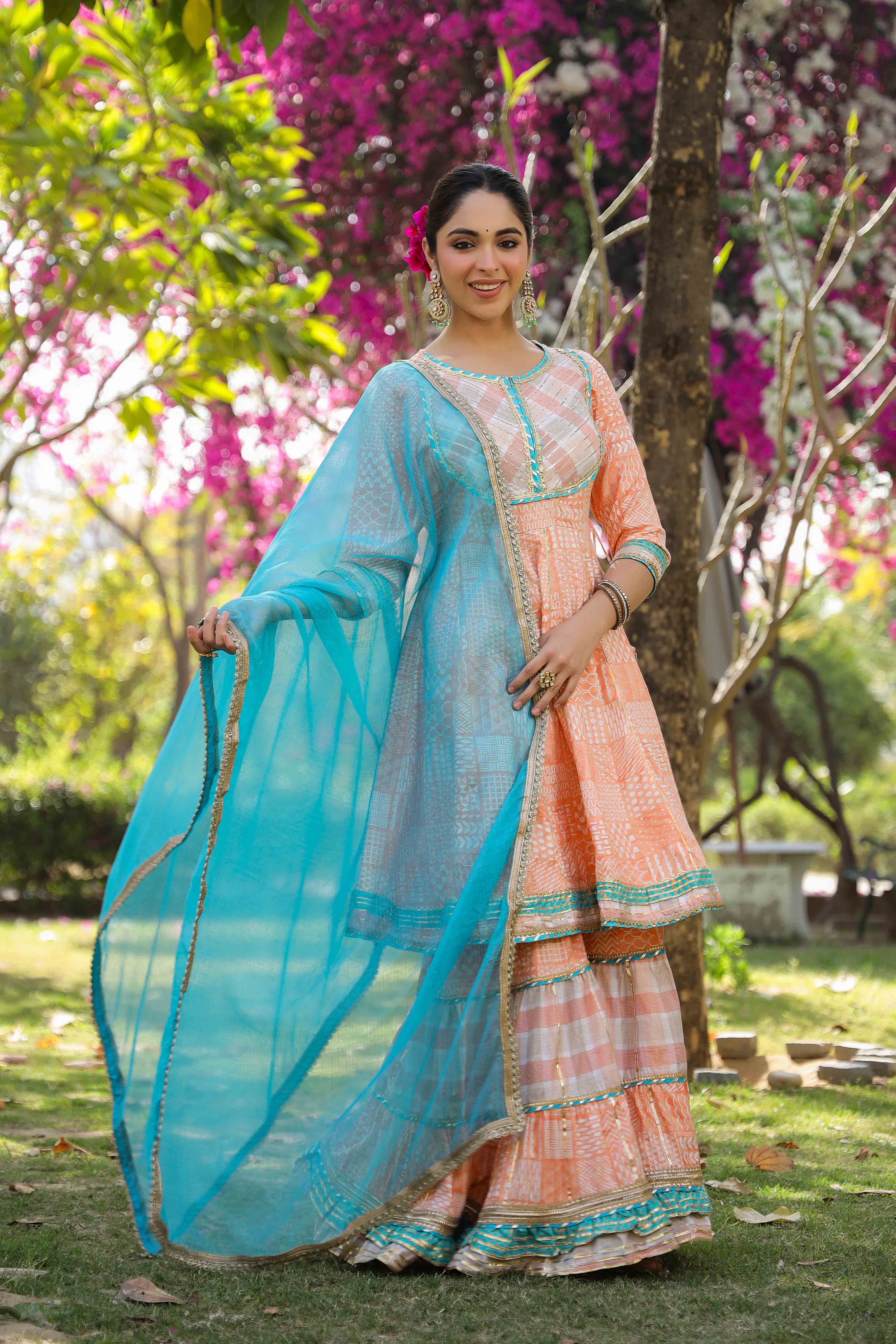 Peach Rayon Gotapatti Sharara Set