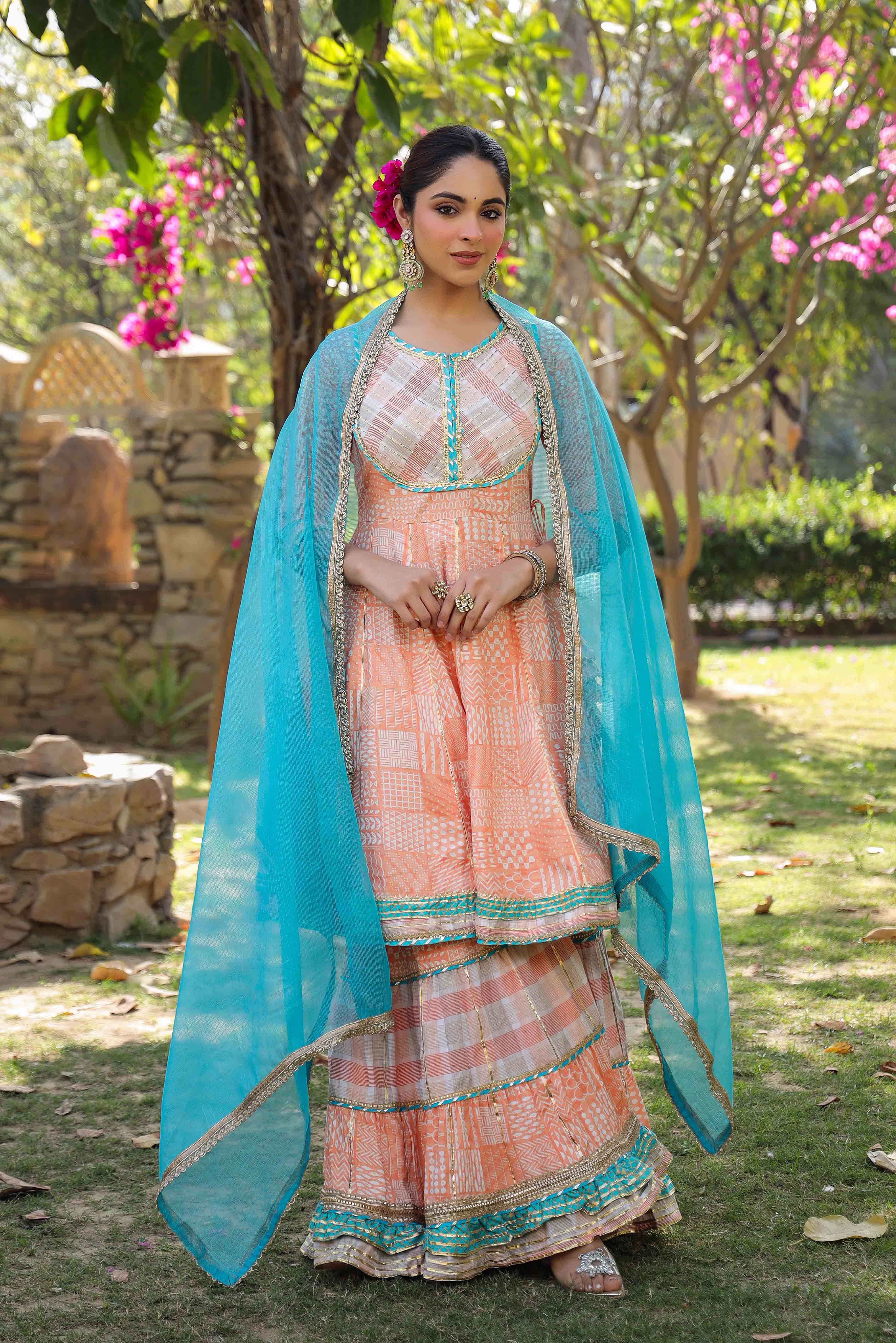 Peach Rayon Gotapatti Sharara Set