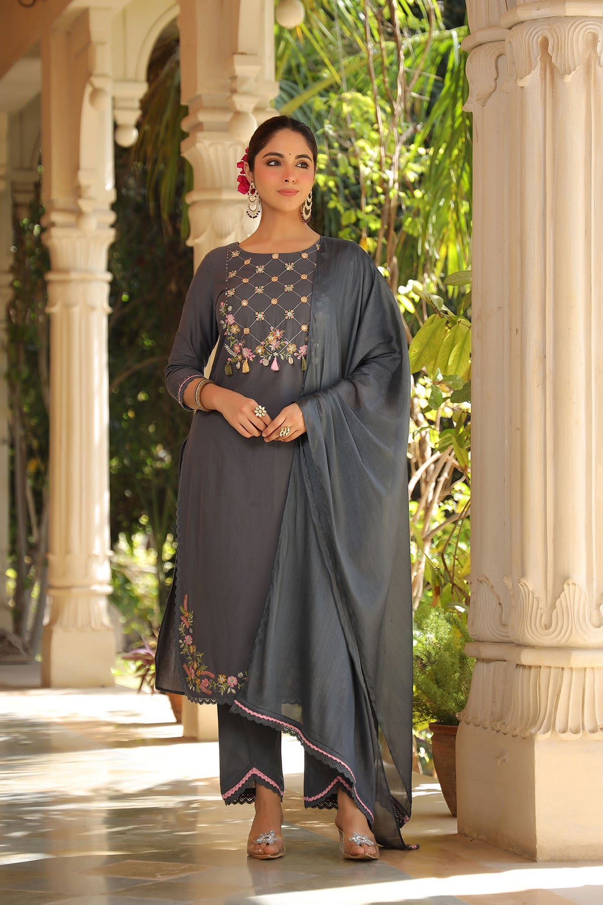 Charcoal Grey Cotton Handwork Straight Suit
