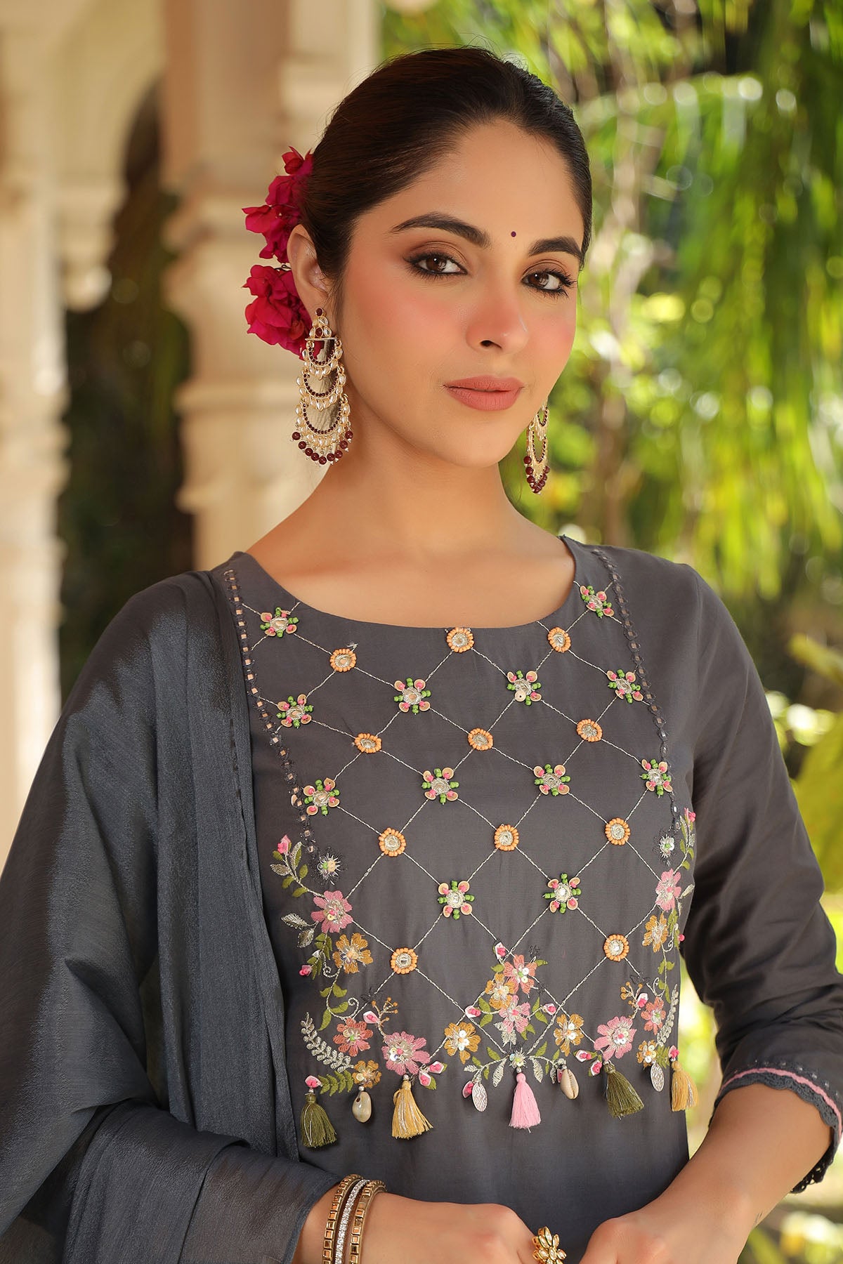 Charcoal Grey Cotton Handwork Straight Suit