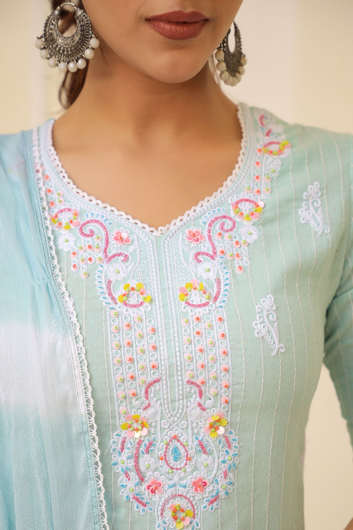 Sky Blue Cotton Handwork Straight Suit