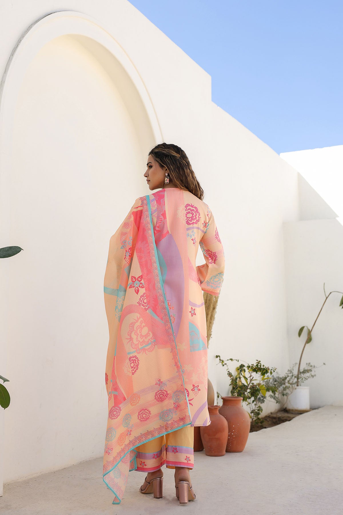 Orange Multicolor Embroidered A-Line Suit