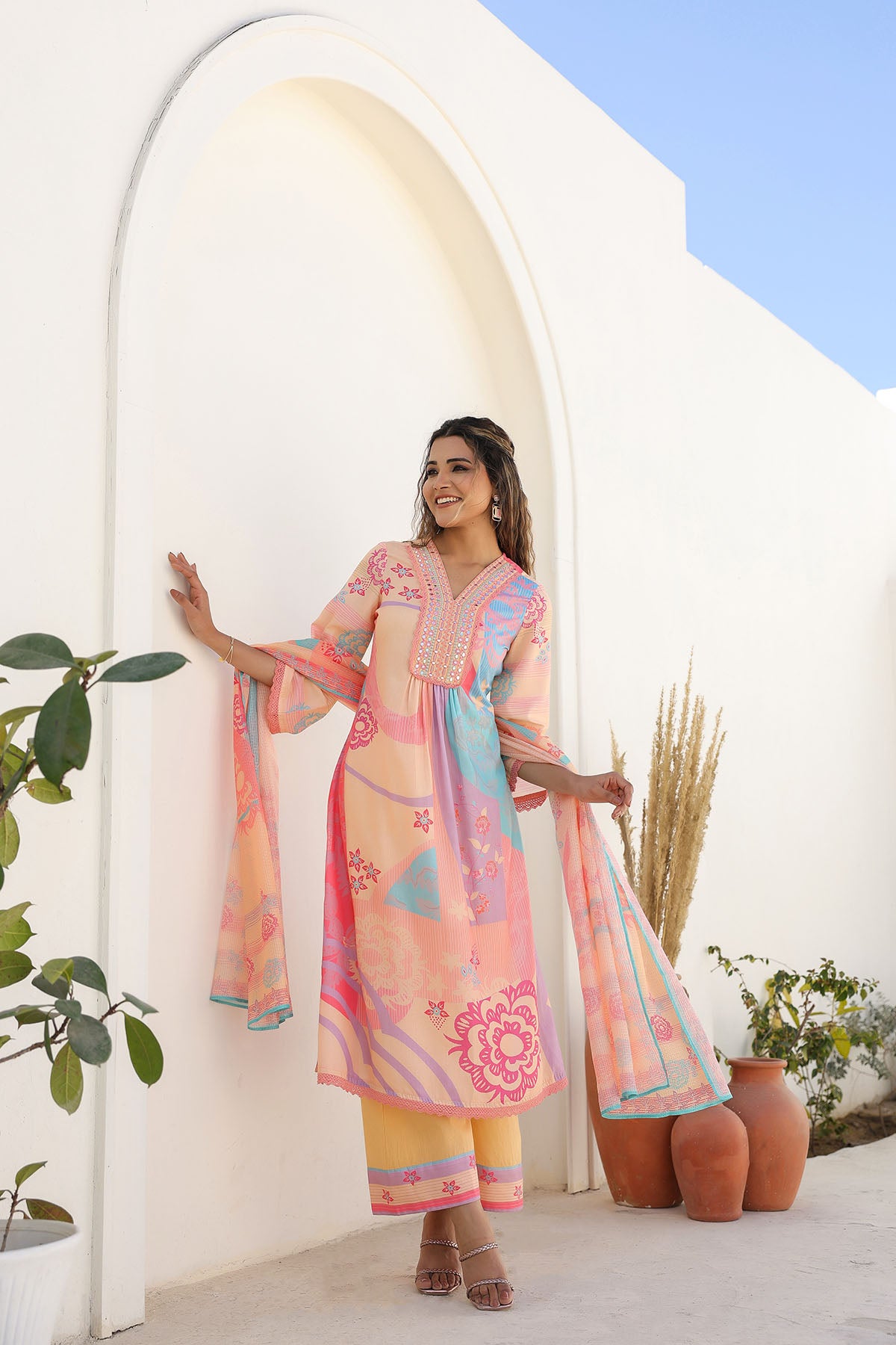 Orange Multicolor Embroidered A-Line Suit