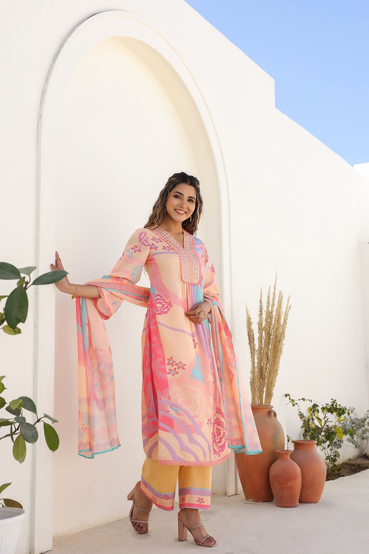 Orange Multicolor Embroidered A-Line Suit