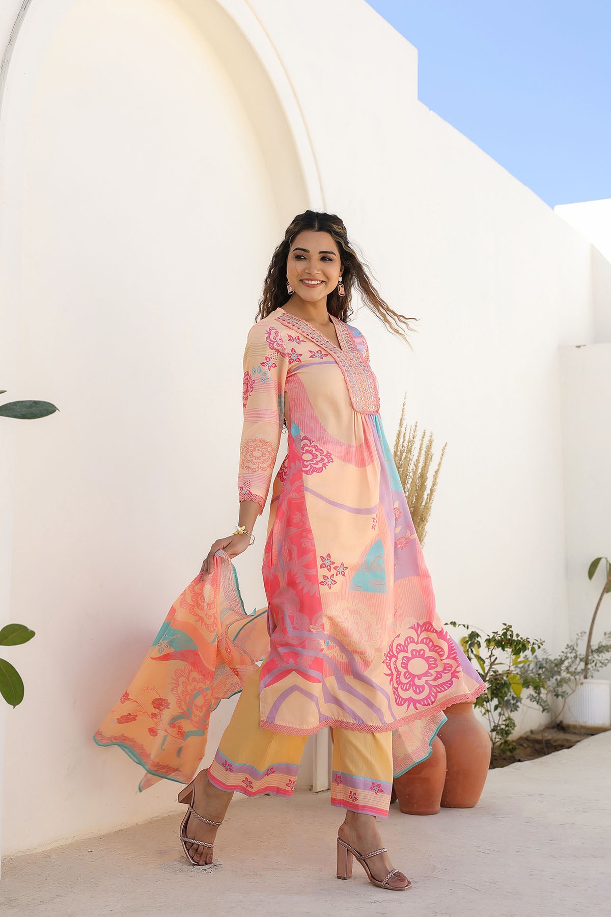Orange Multicolor Embroidered A-Line Suit