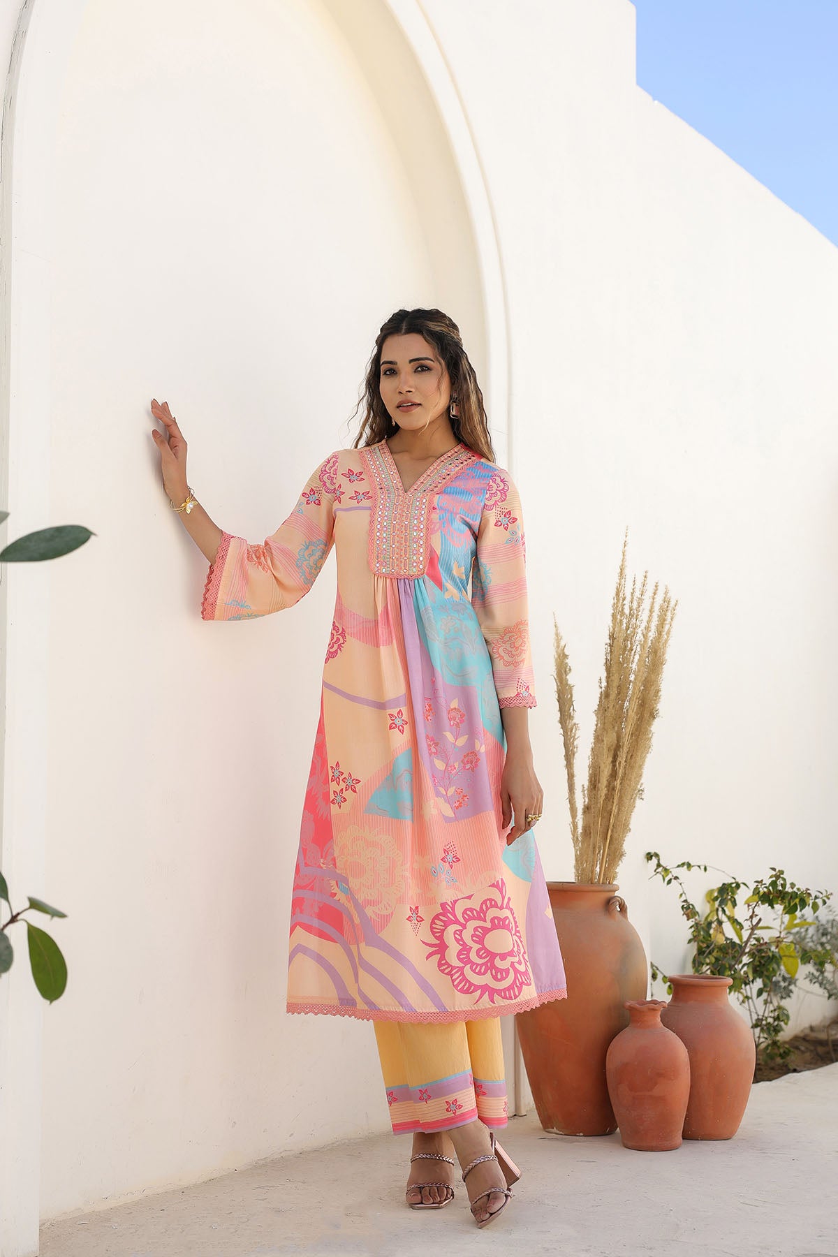 Orange Multicolor Embroidered A-Line Suit