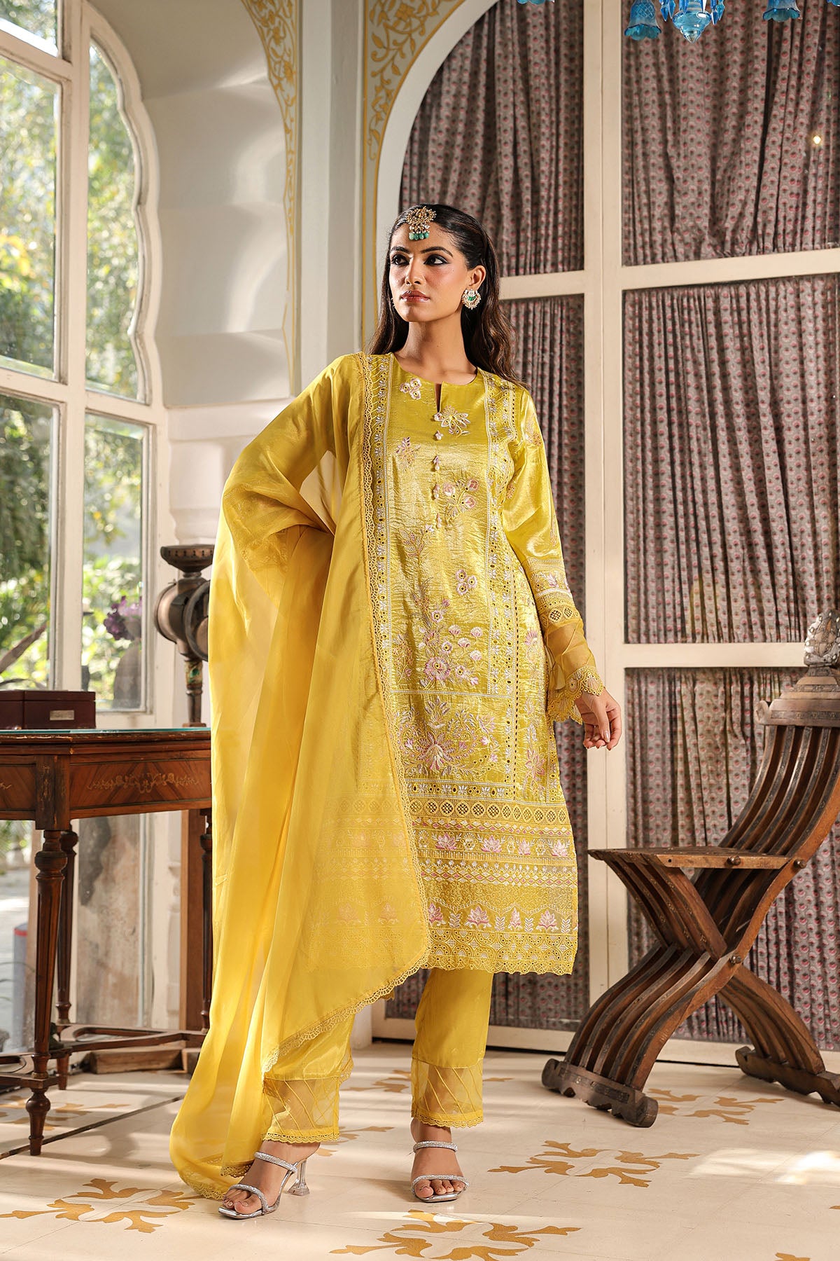 Yellow Shimmer Embroidered Straight Suit