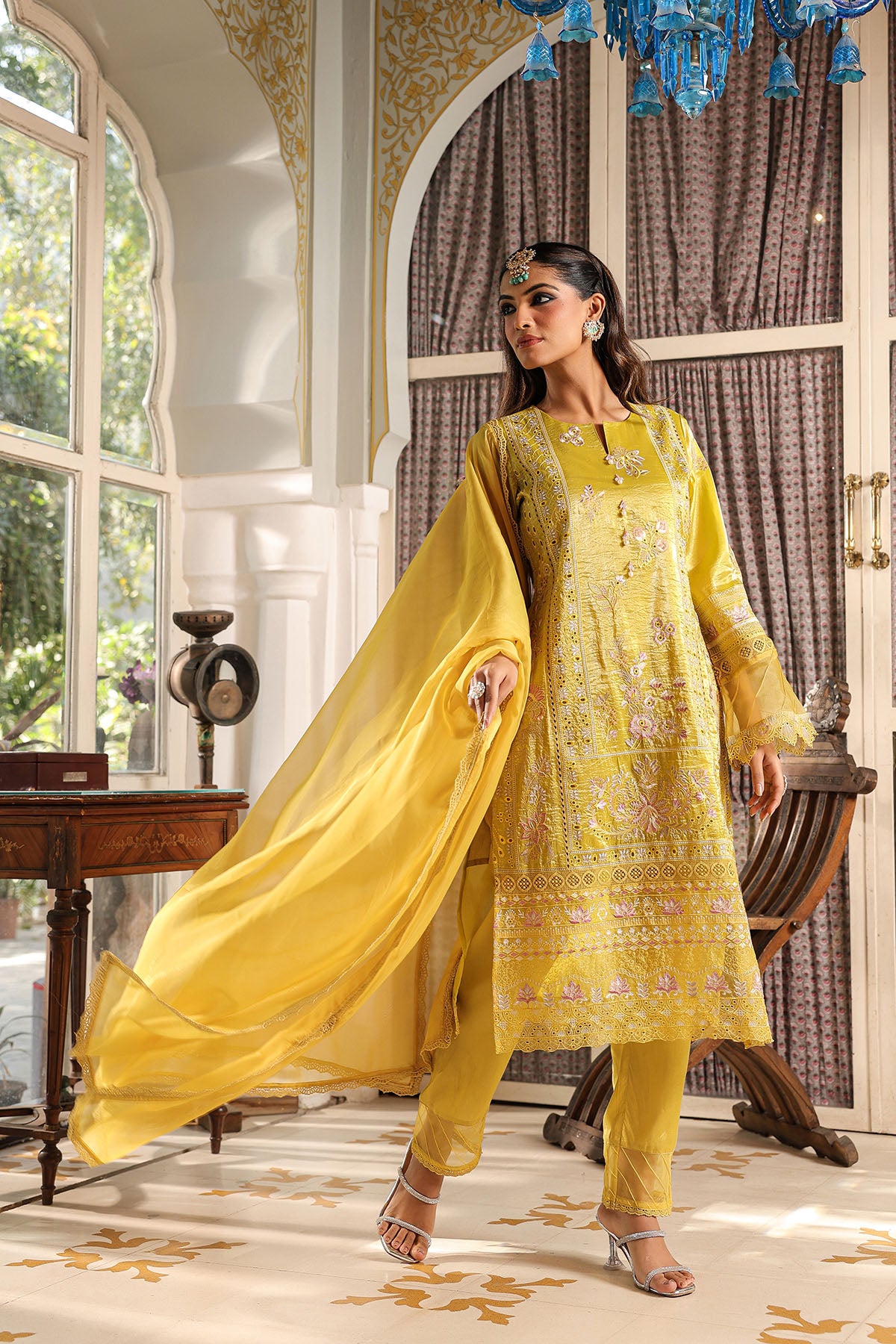 Yellow Shimmer Embroidered Straight Suit