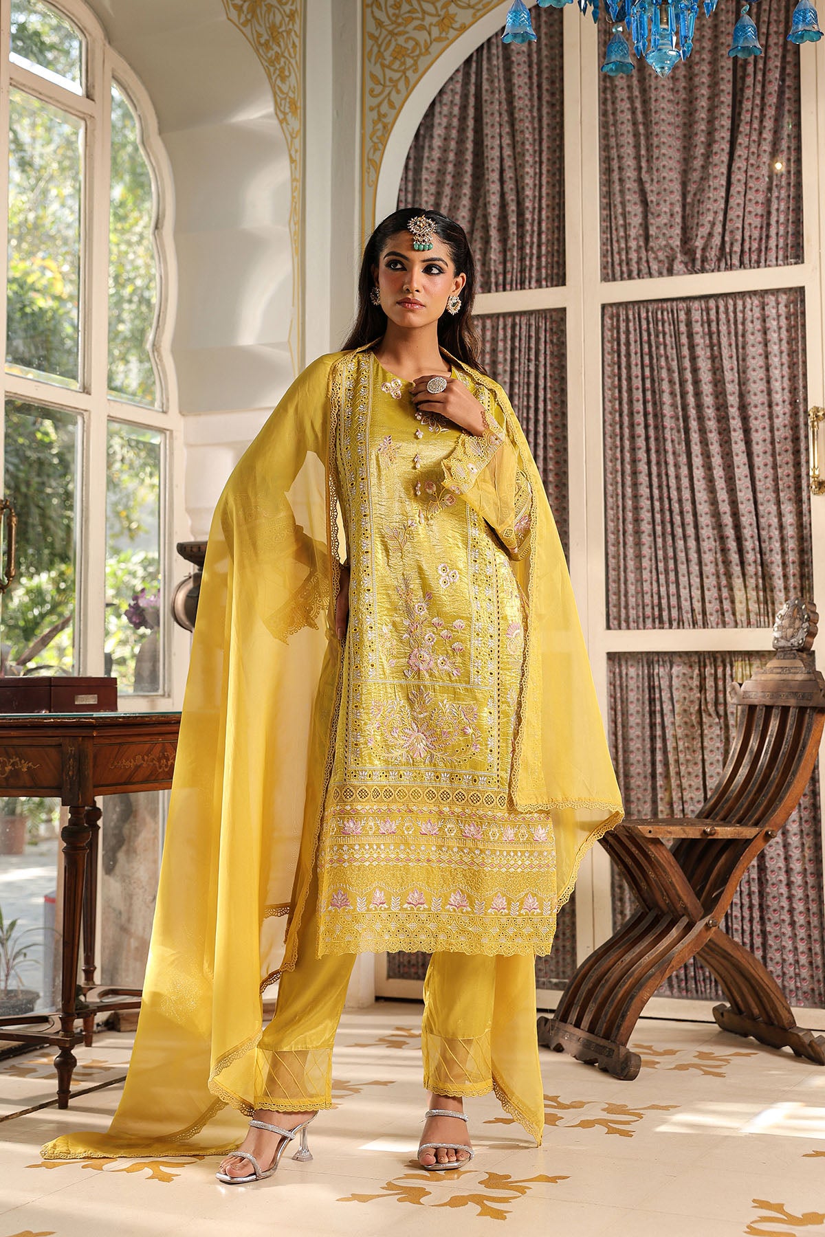 Yellow Shimmer Embroidered Straight Suit