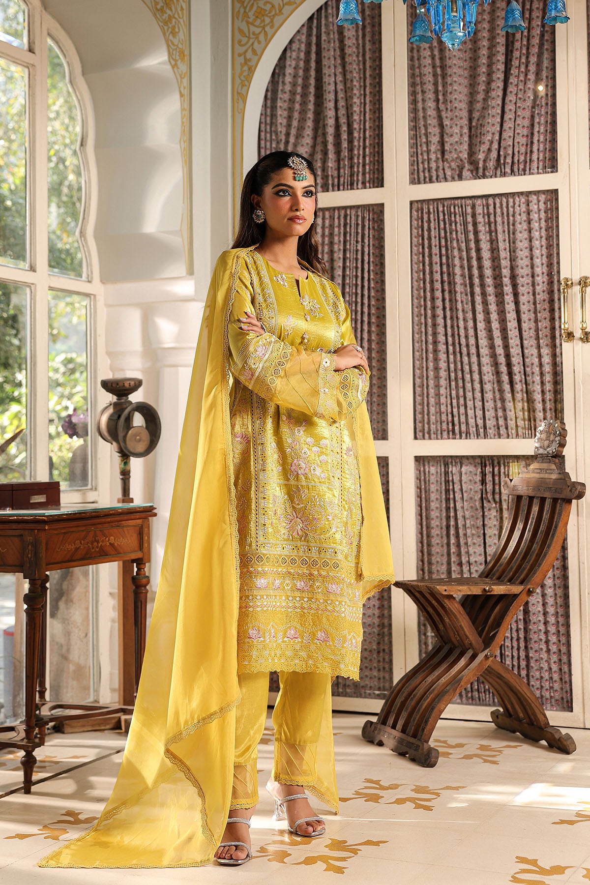 Yellow Shimmer Embroidered Straight Suit