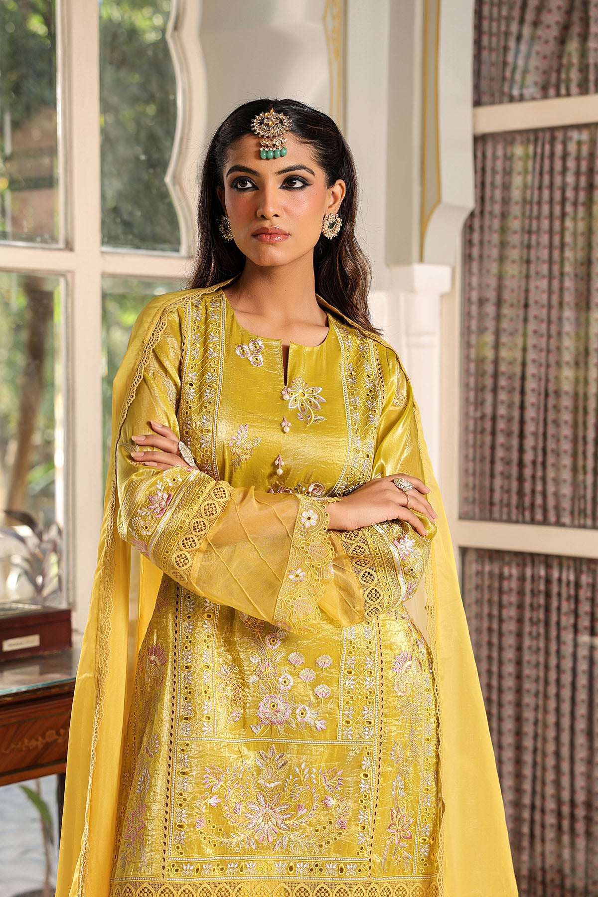Yellow Shimmer Embroidered Straight Suit
