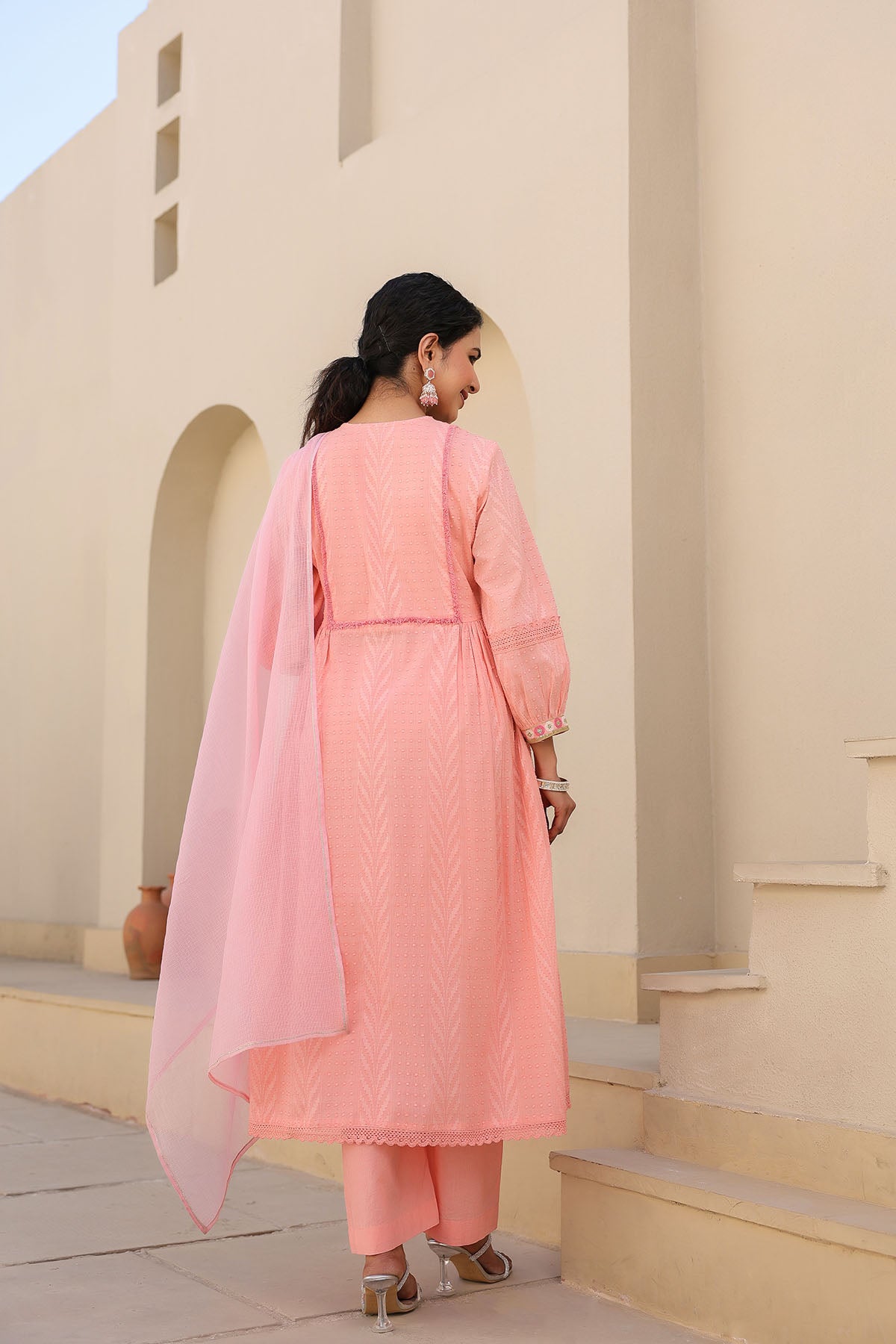 Peach Cotton Embroidered Anarkali Suit
