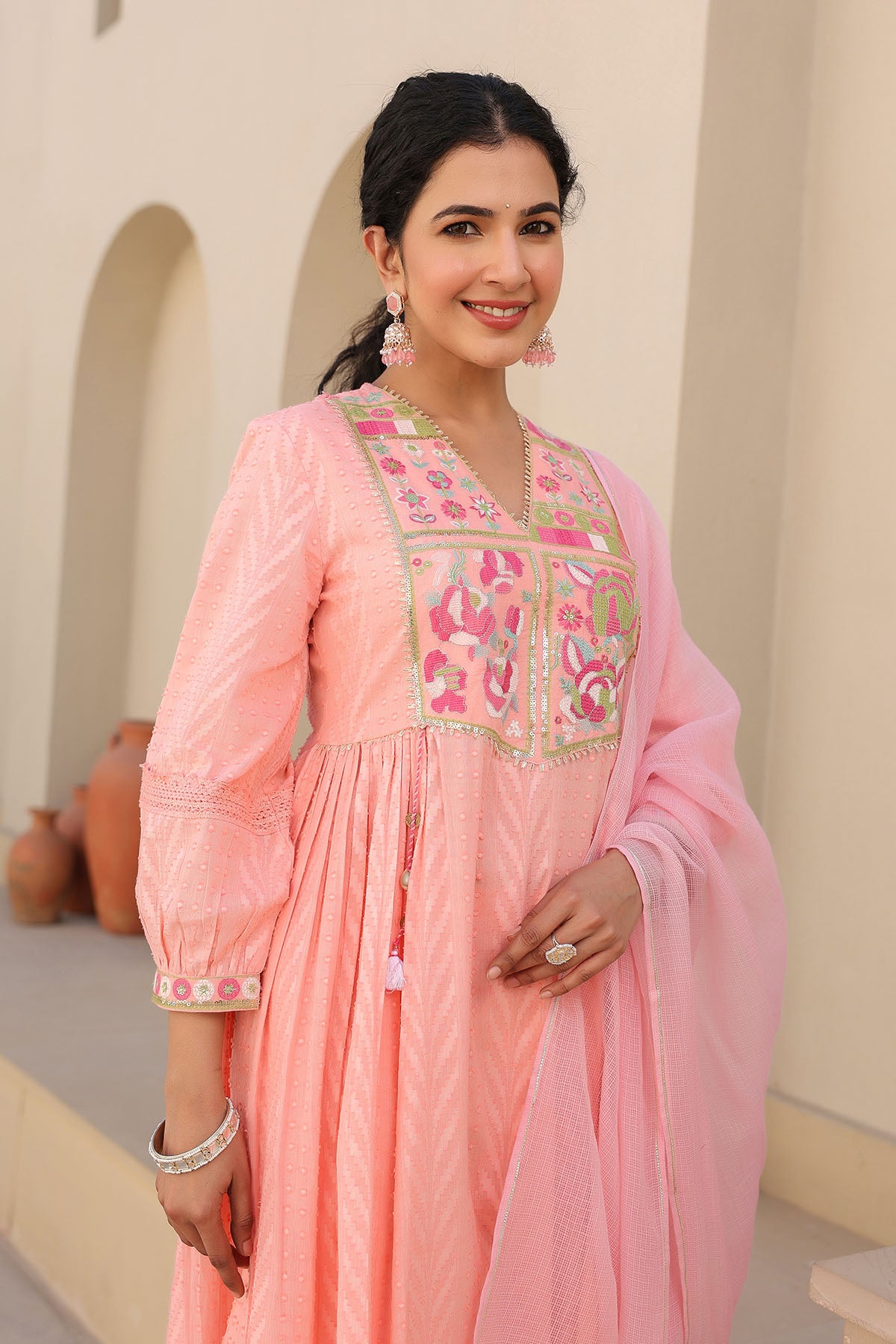 Peach Cotton Embroidered Anarkali Suit