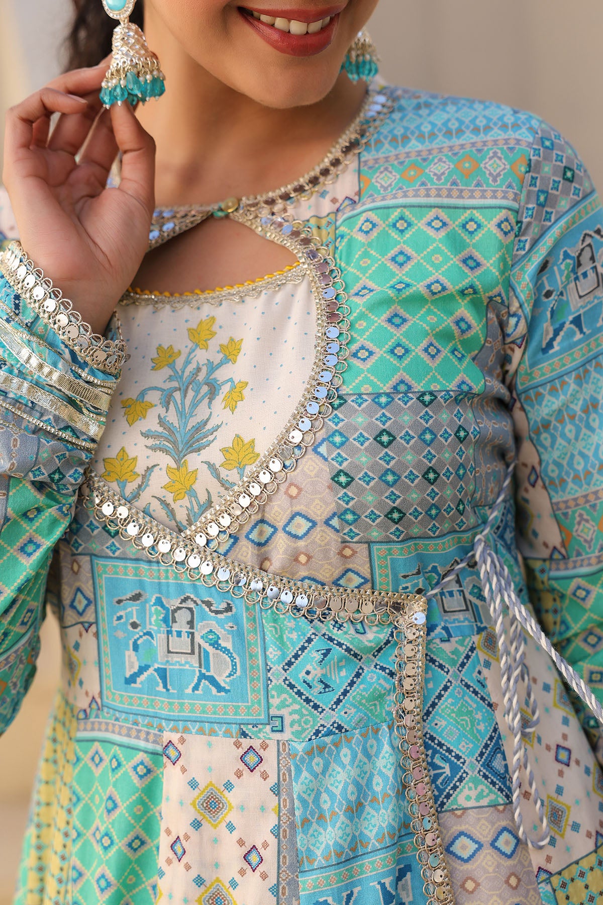 Blue Multicolor Cotton Gotapatti Gown Set