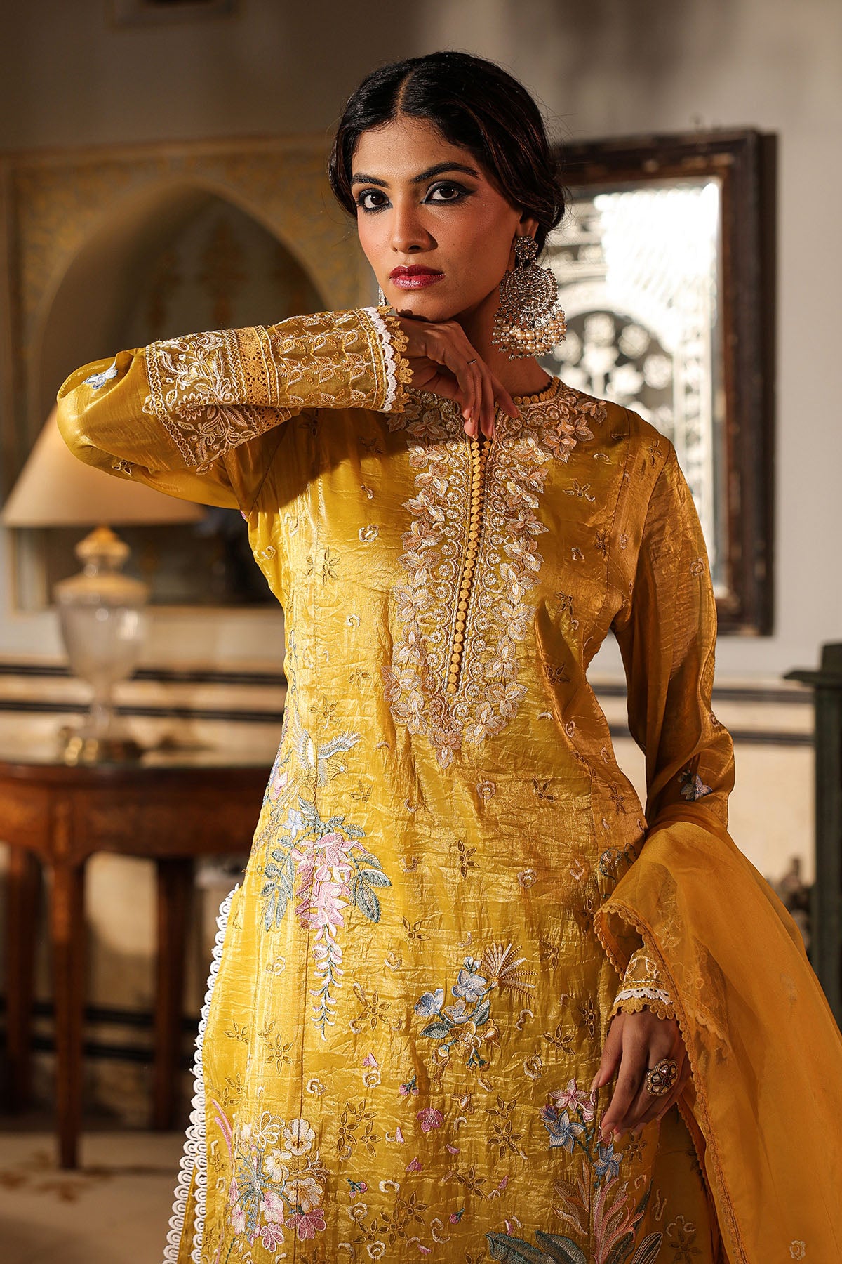 Yellow Shimmer Embroidered Pakistani Suit