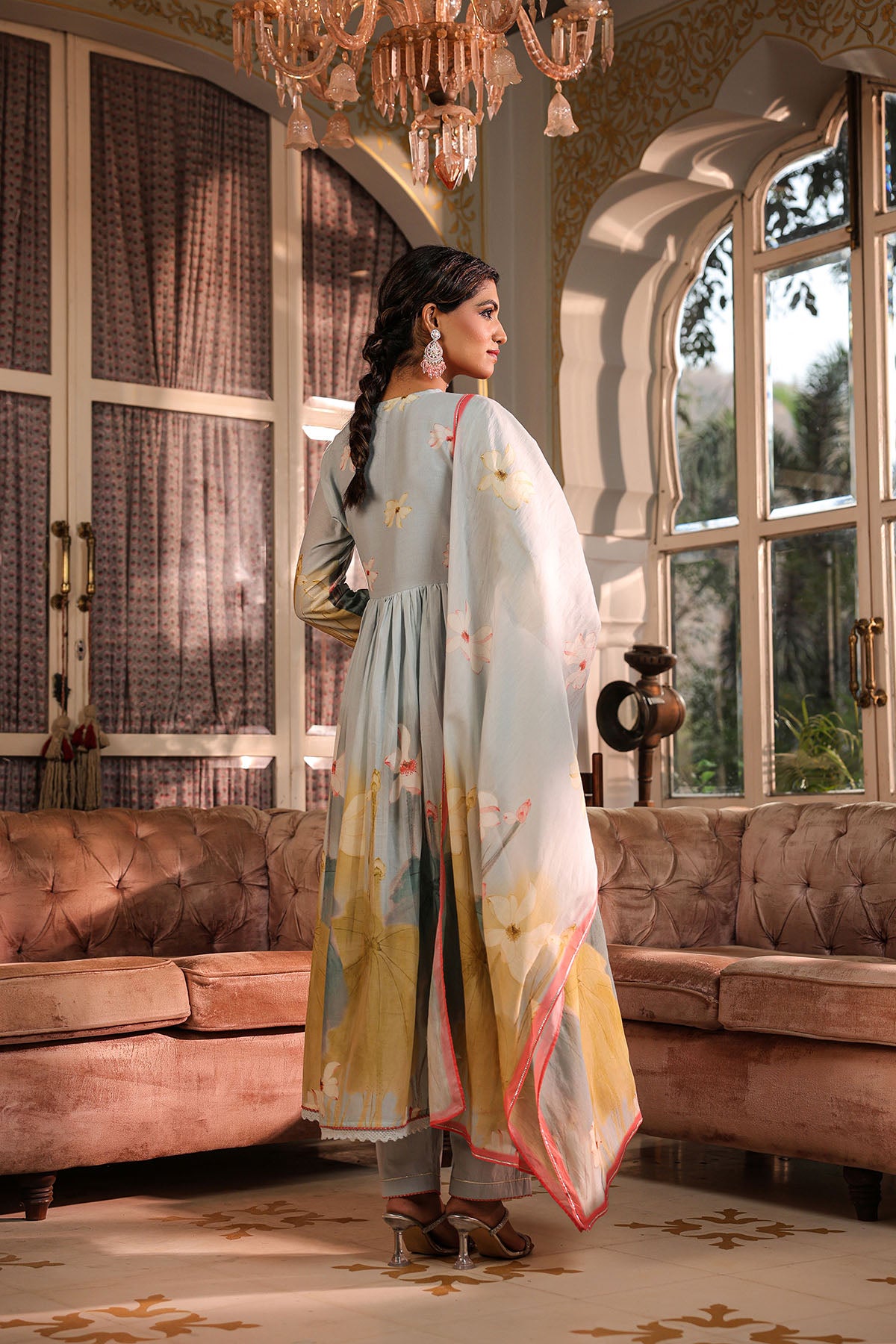 Blue Floral Cotton Embroidered Anarkali Suit