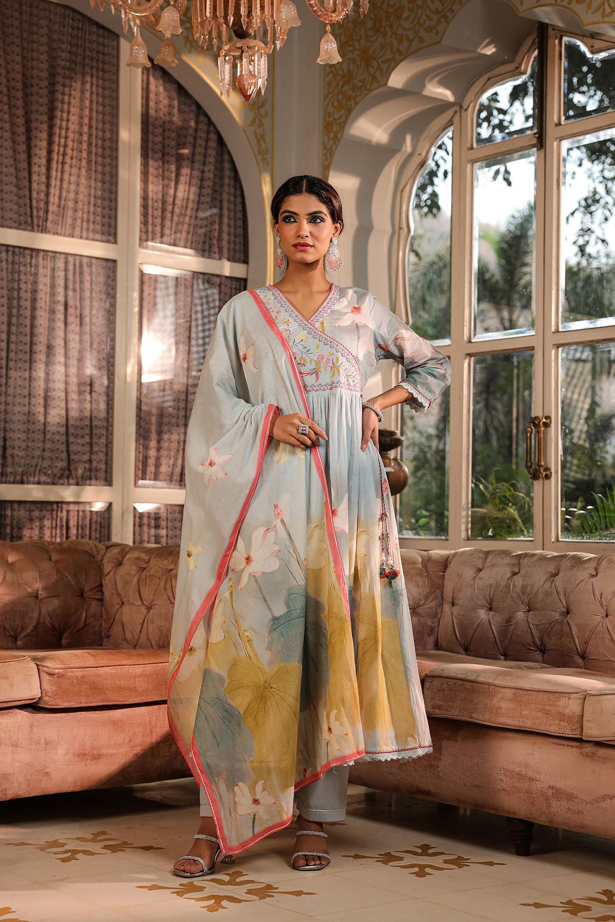 Blue Floral Cotton Embroidered Anarkali Suit