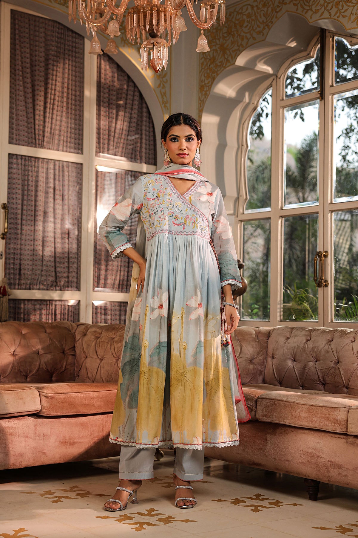 Blue Floral Cotton Embroidered Anarkali Suit