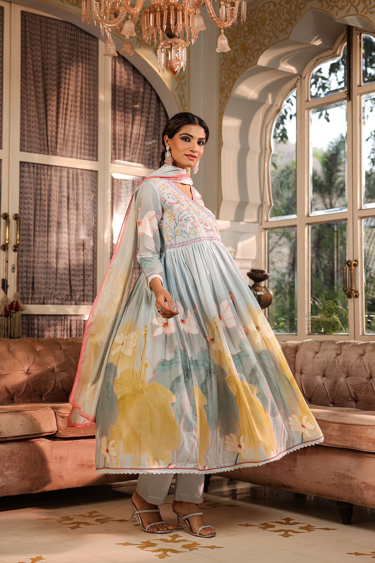 Blue Floral Cotton Embroidered Anarkali Suit