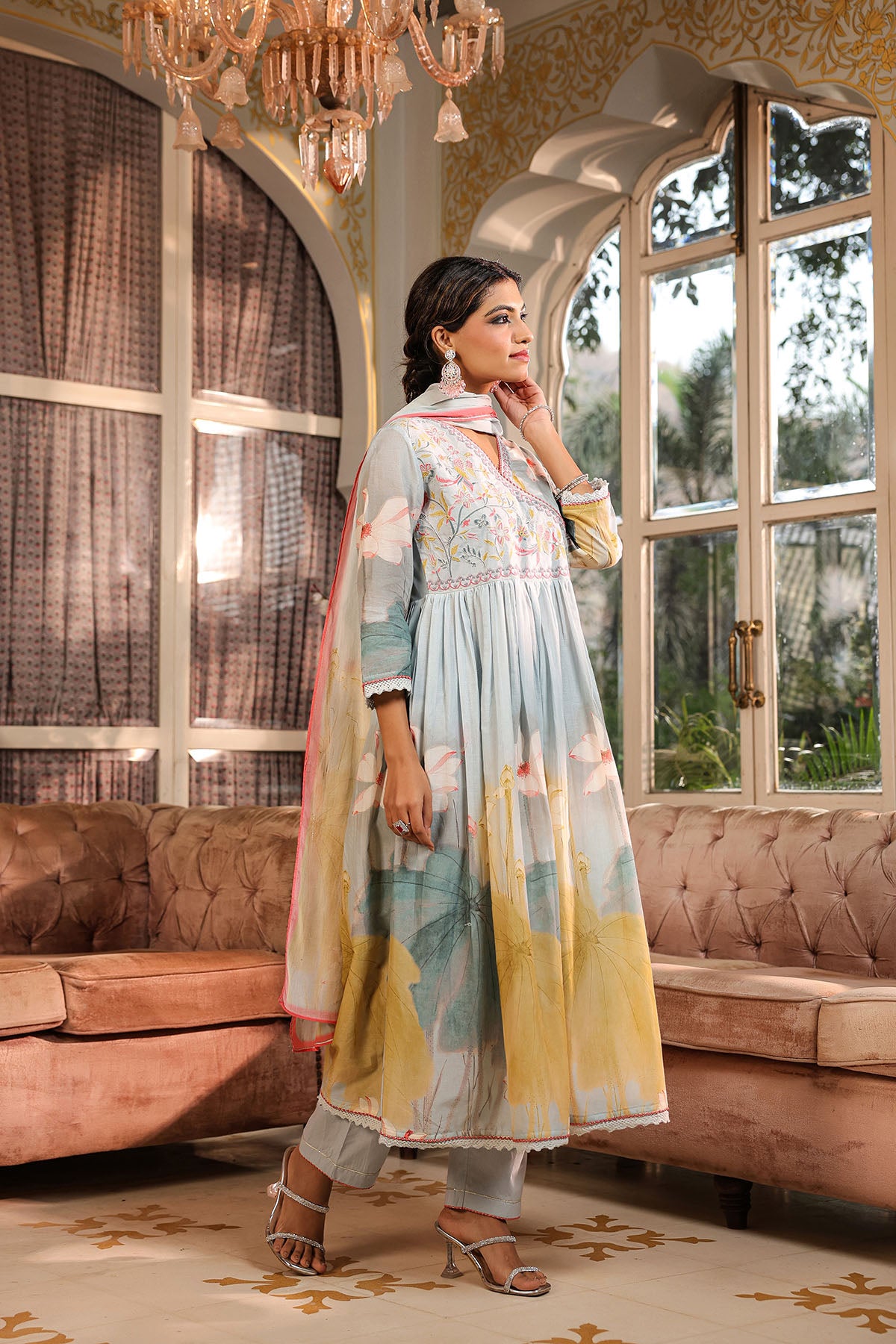 Blue Floral Cotton Embroidered Anarkali Suit
