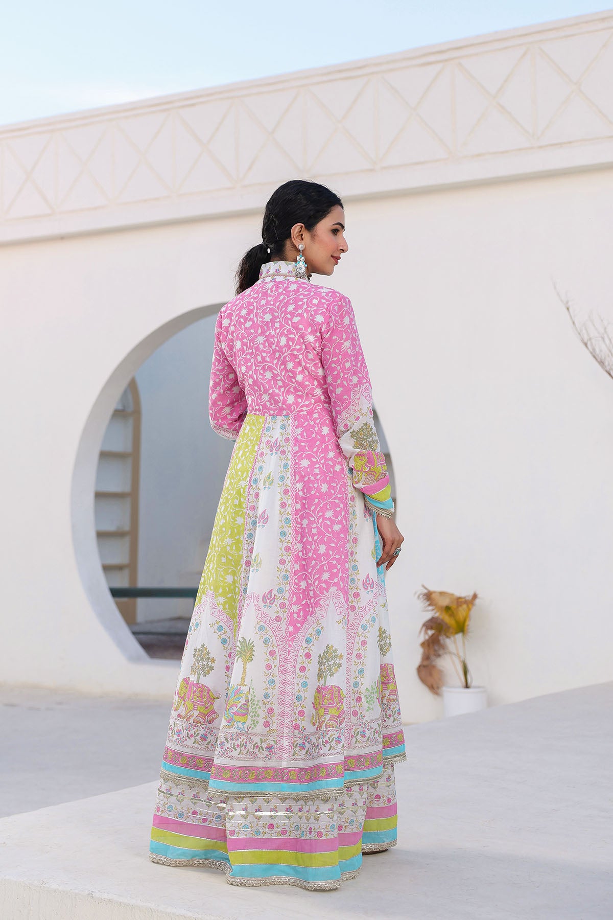 White Multicolor Cotton Gotapatti Gown Set