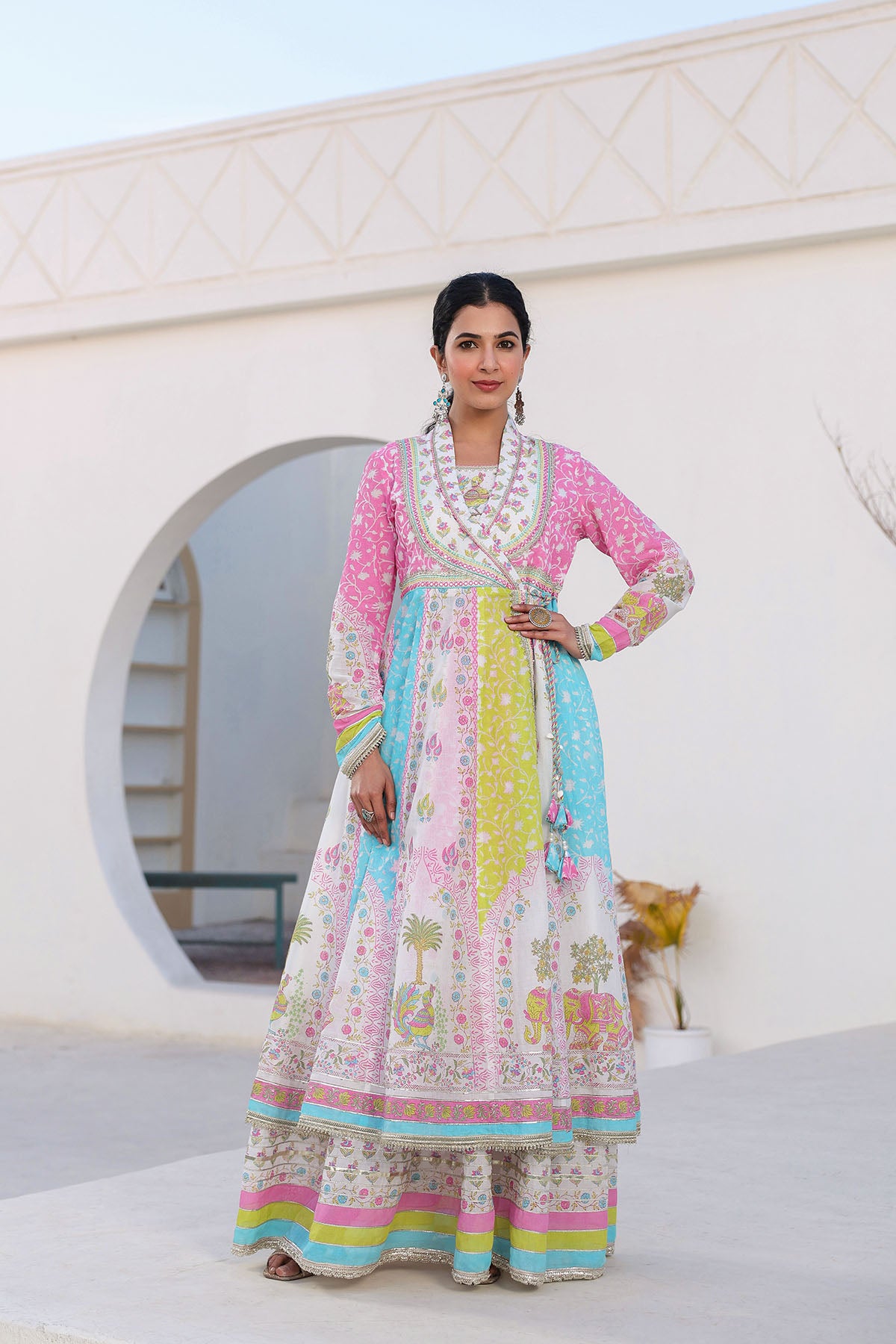White Multicolor Cotton Gotapatti Gown Set