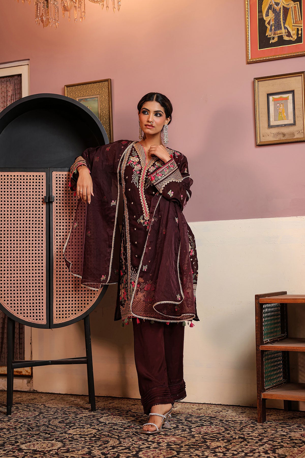 Marron Shimmer Embroidered Pakistani Suit