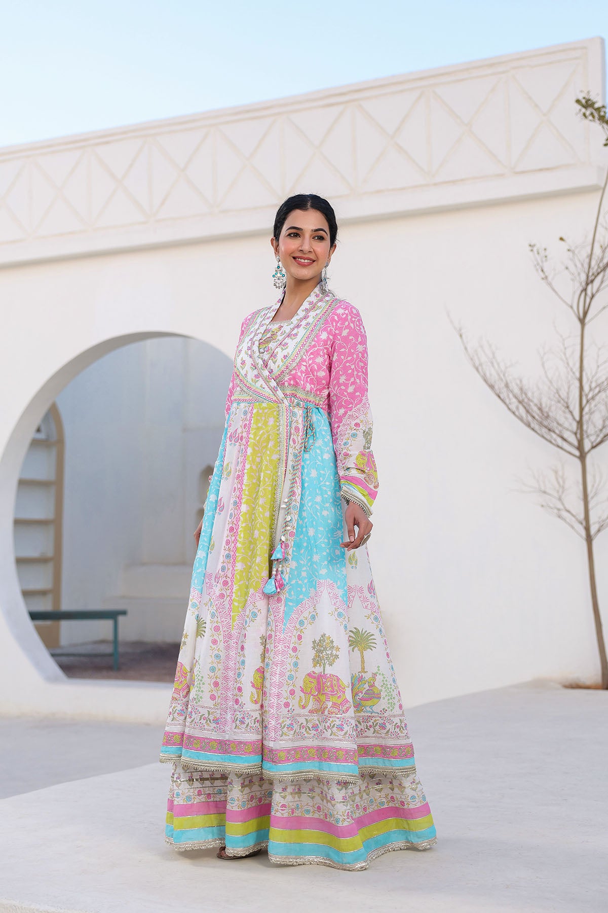 White Multicolor Cotton Gotapatti Gown Set