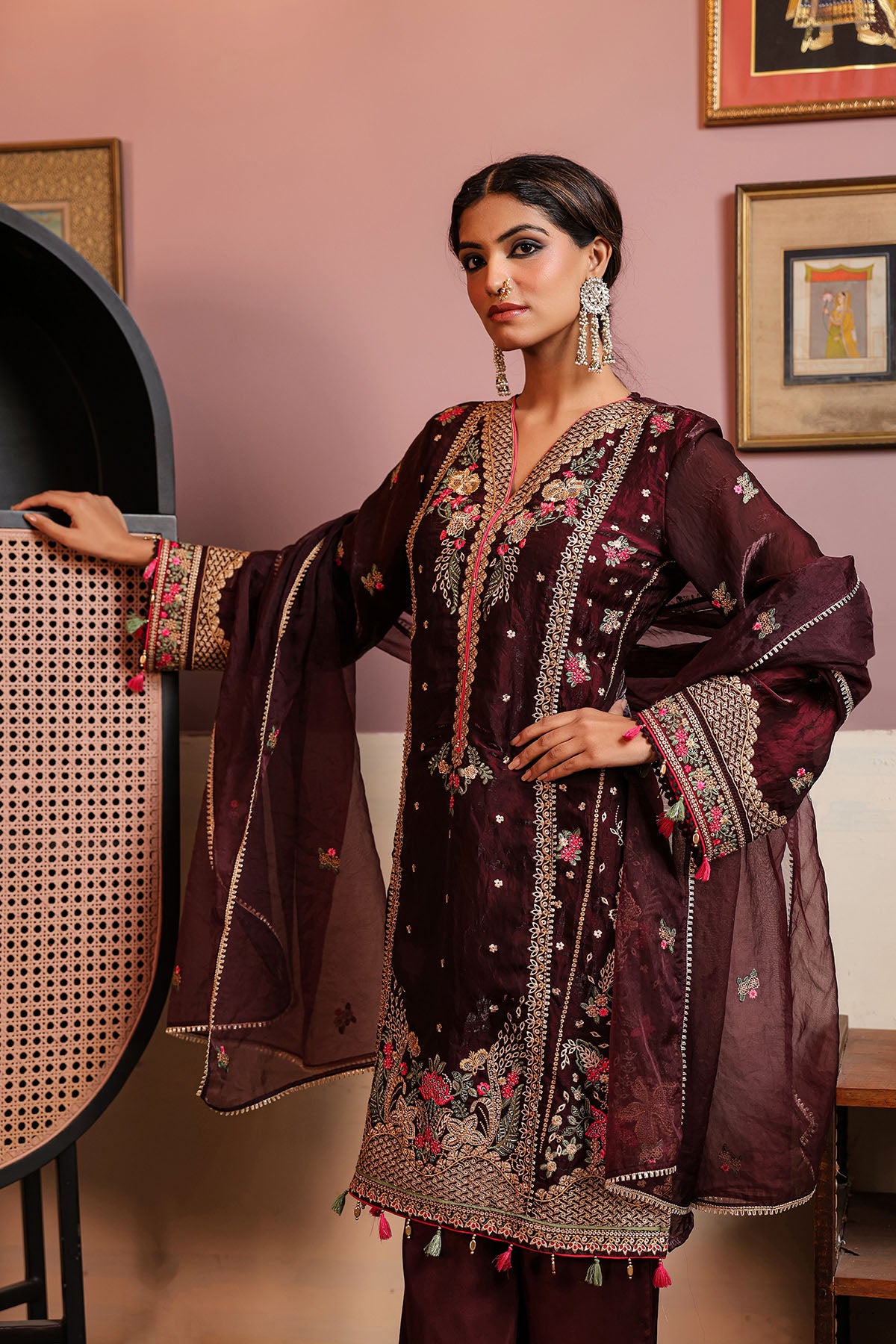 Marron Shimmer Embroidered Pakistani Suit
