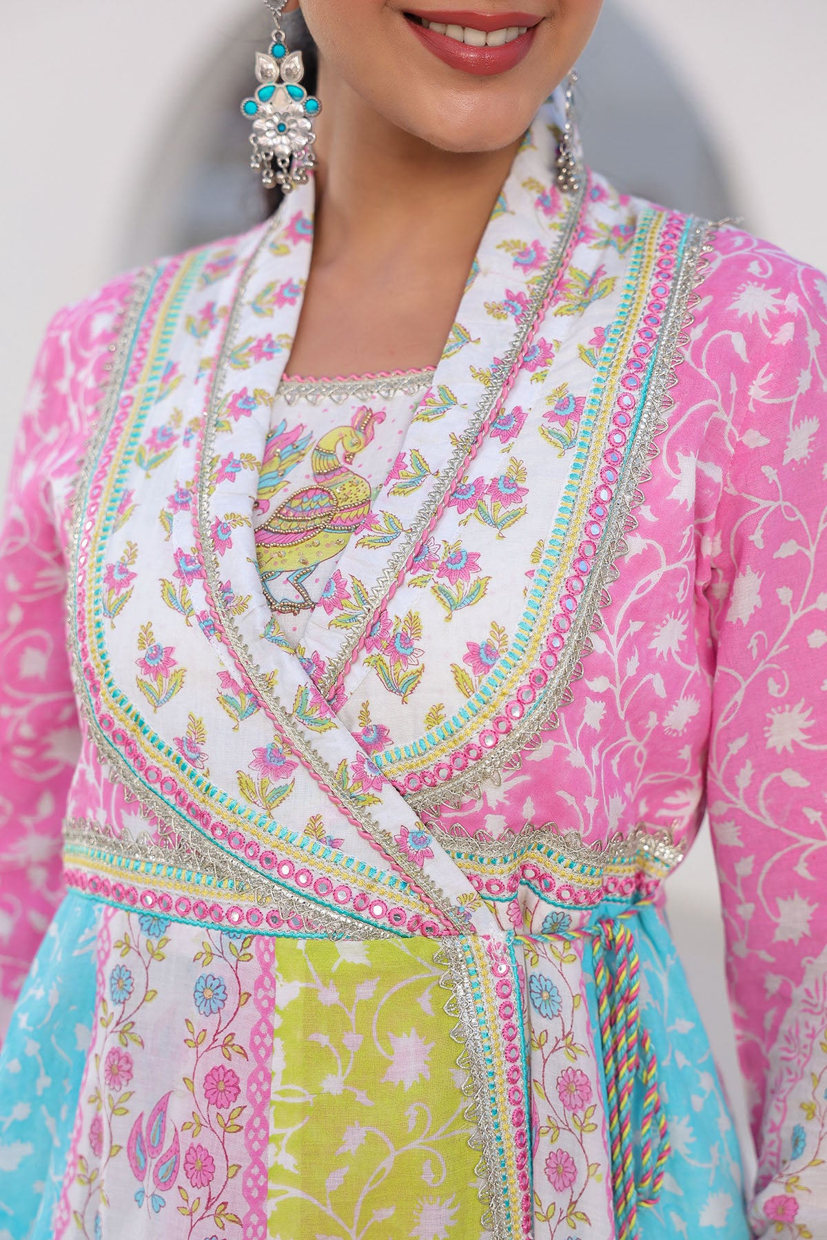 White Multicolor Cotton Gotapatti Gown Set