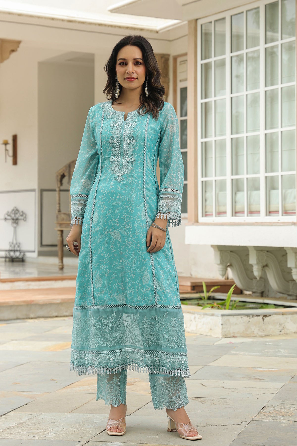 Sea Green Tabby Embroidered Anarkali Suit