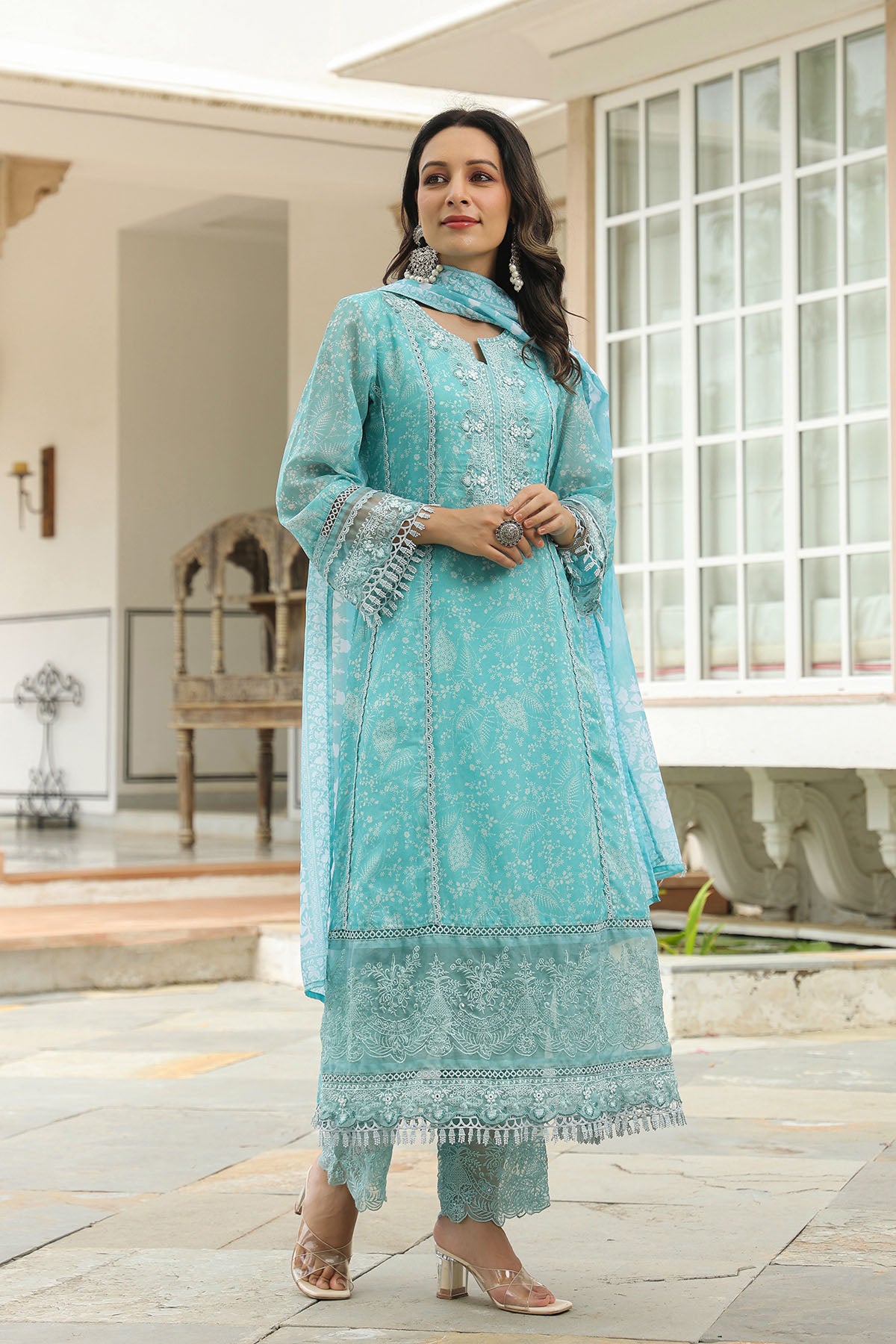 Sea Green Tabby Embroidered Anarkali Suit