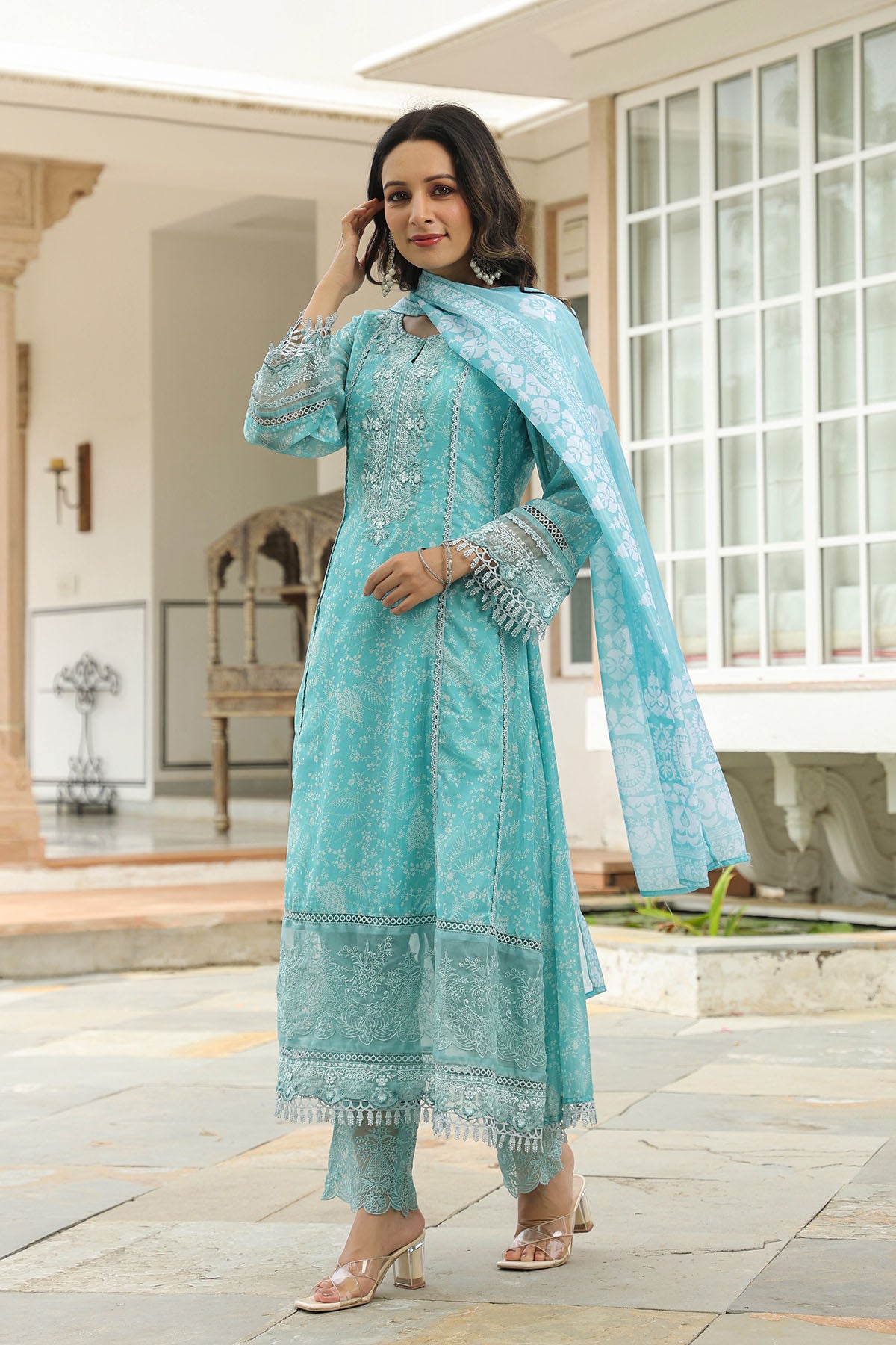 Sea Green Tabby Embroidered Anarkali Suit