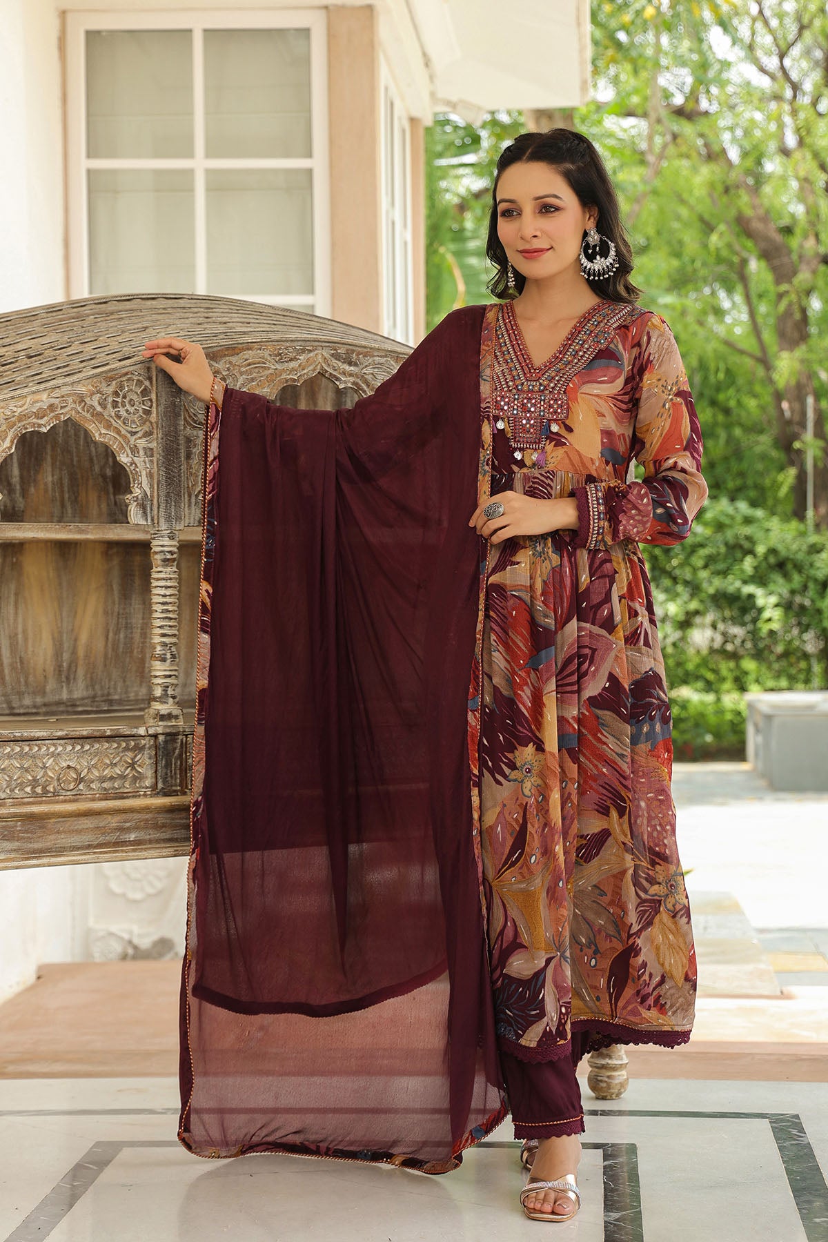 Brown Floral Chinon Embroidered Anarkali Suit
