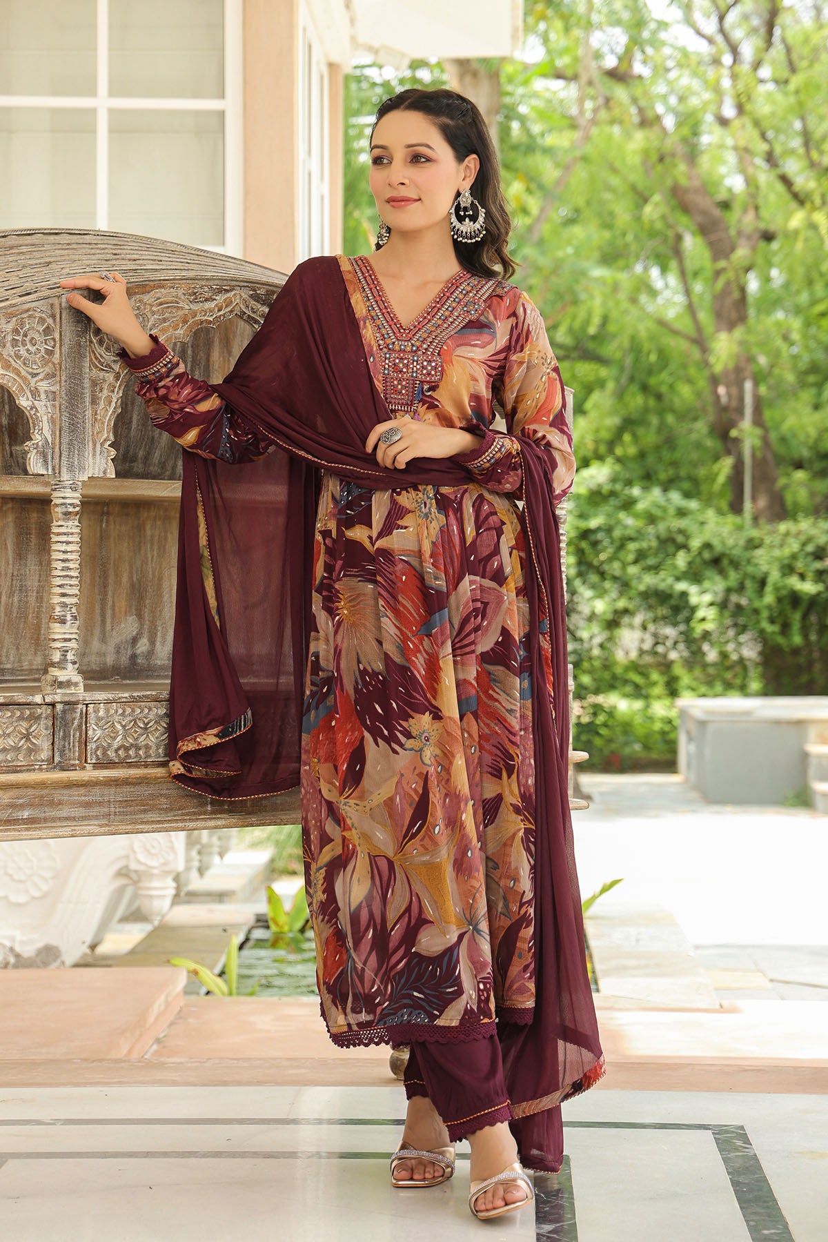 Brown Floral Chinon Embroidered Anarkali Suit