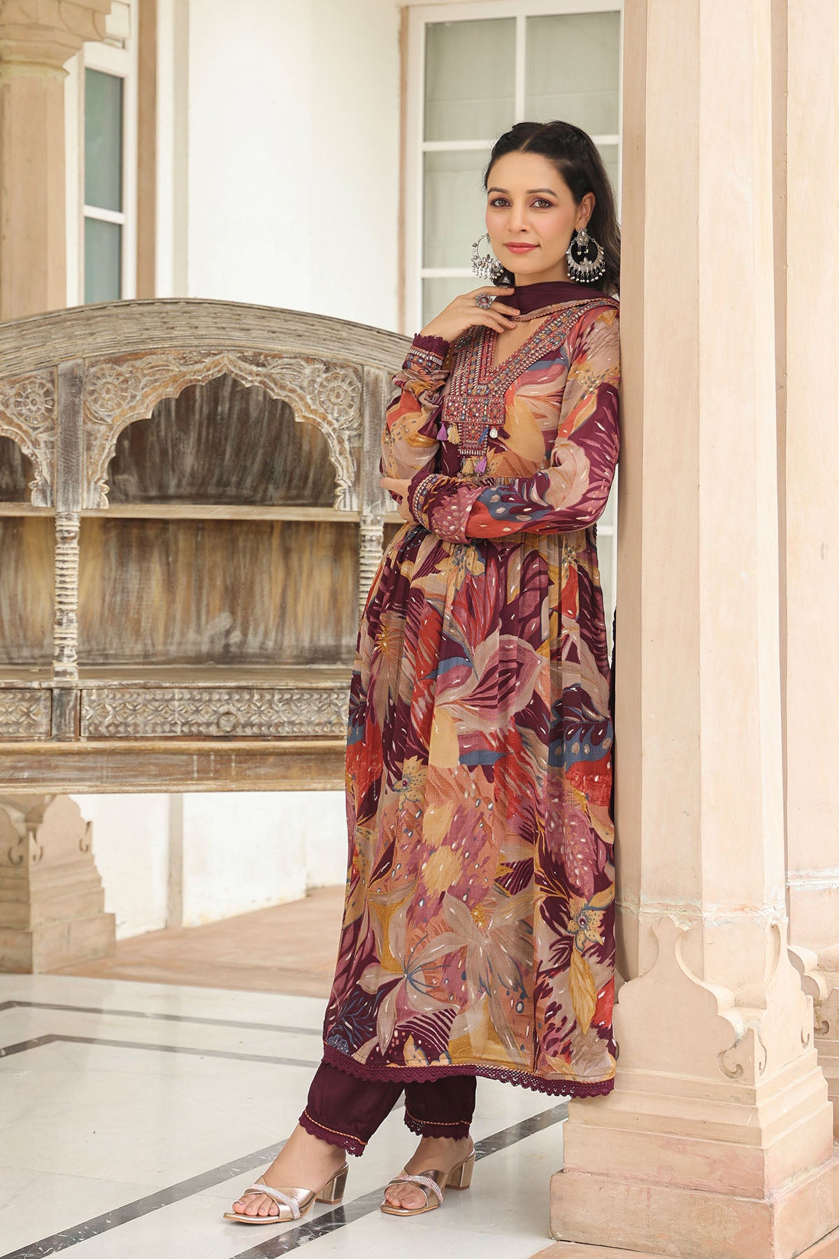 Brown Floral Chinon Embroidered Anarkali Suit